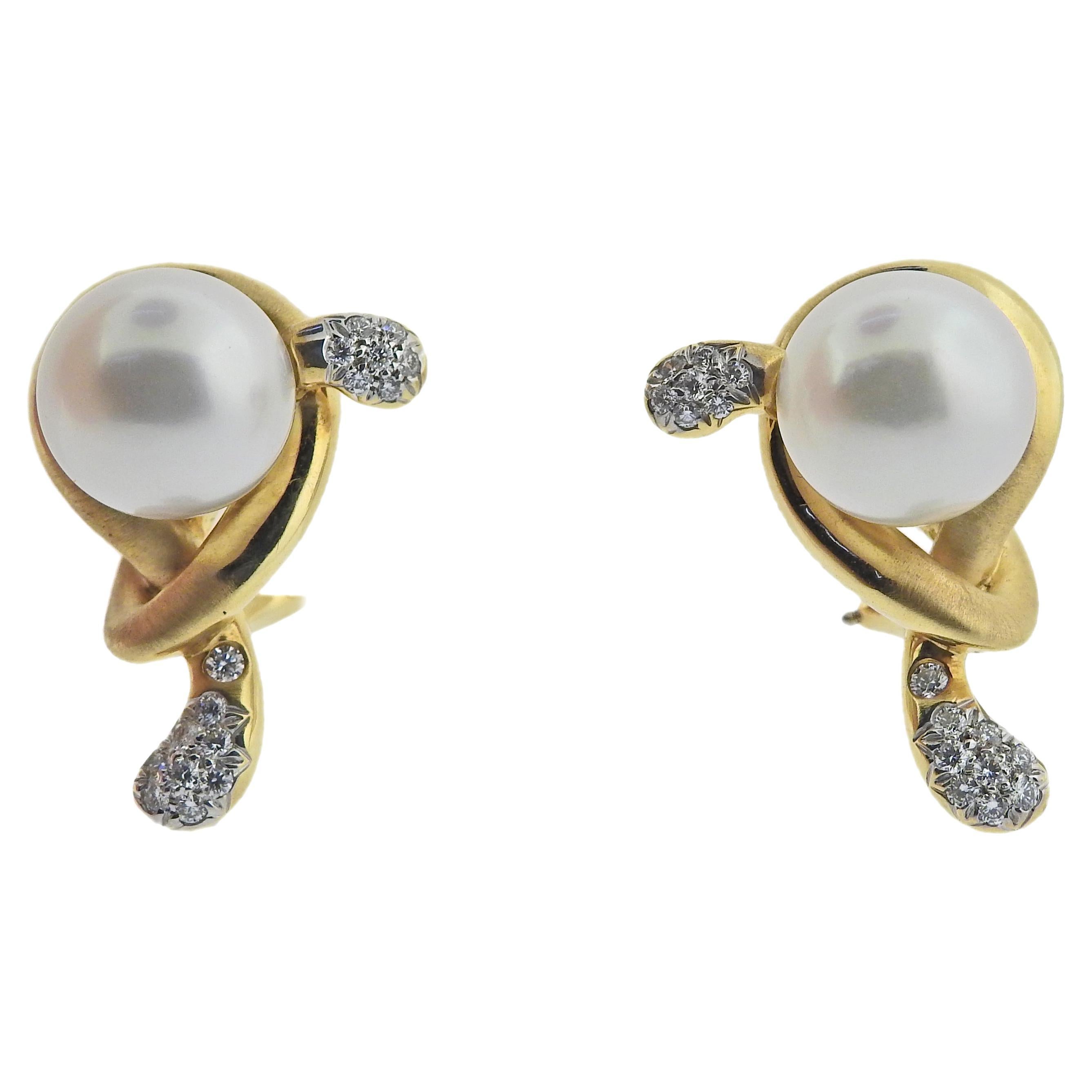 Angela Cummings Assael Gold Diamond Pearl Earrings For Sale