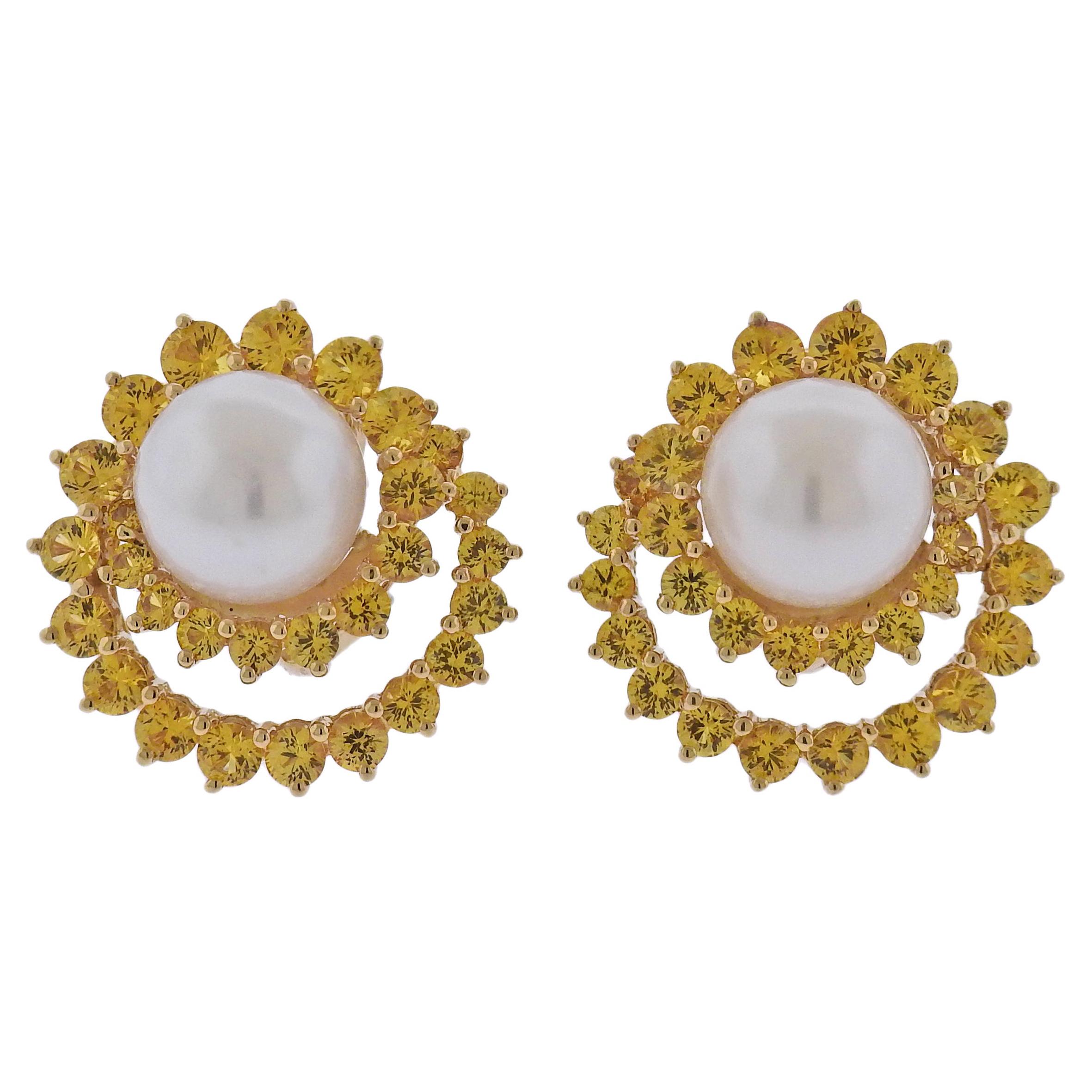 Angela Cummings Assael Gold South Sea Pearl Yellow Sapphire Earrings For Sale