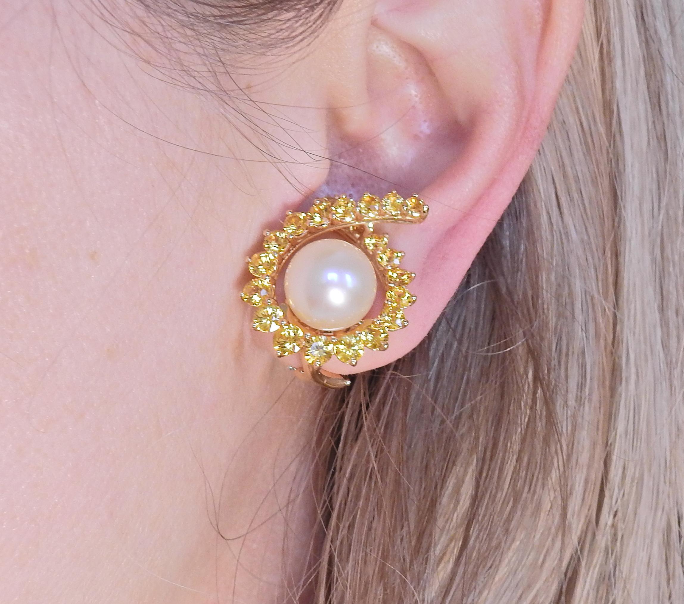 Round Cut Angela Cummings Assael Gold Yellow Sapphire South Sea Pearl Earrings For Sale
