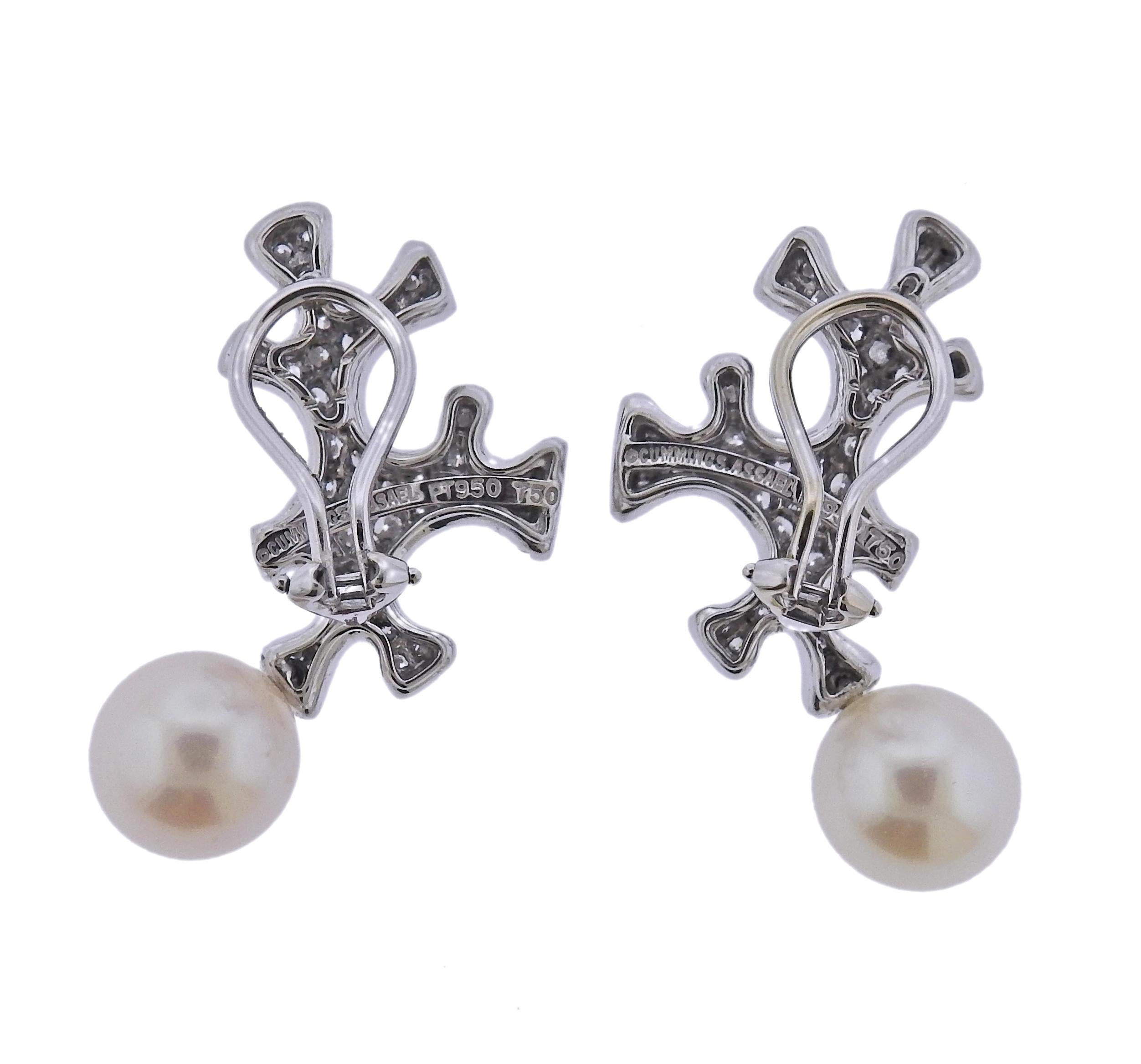 Pair of  18k gold and platinum new without tags earrings by Angela Cummings and Assael, with 10.5mm - 11mm pearls and 2.50ctw in G/VS diamonds.  Retail $22800. Come with pouch.  Earrings measure approx. 35mm x 15mm. Weight - 15.6 grams. Marked: