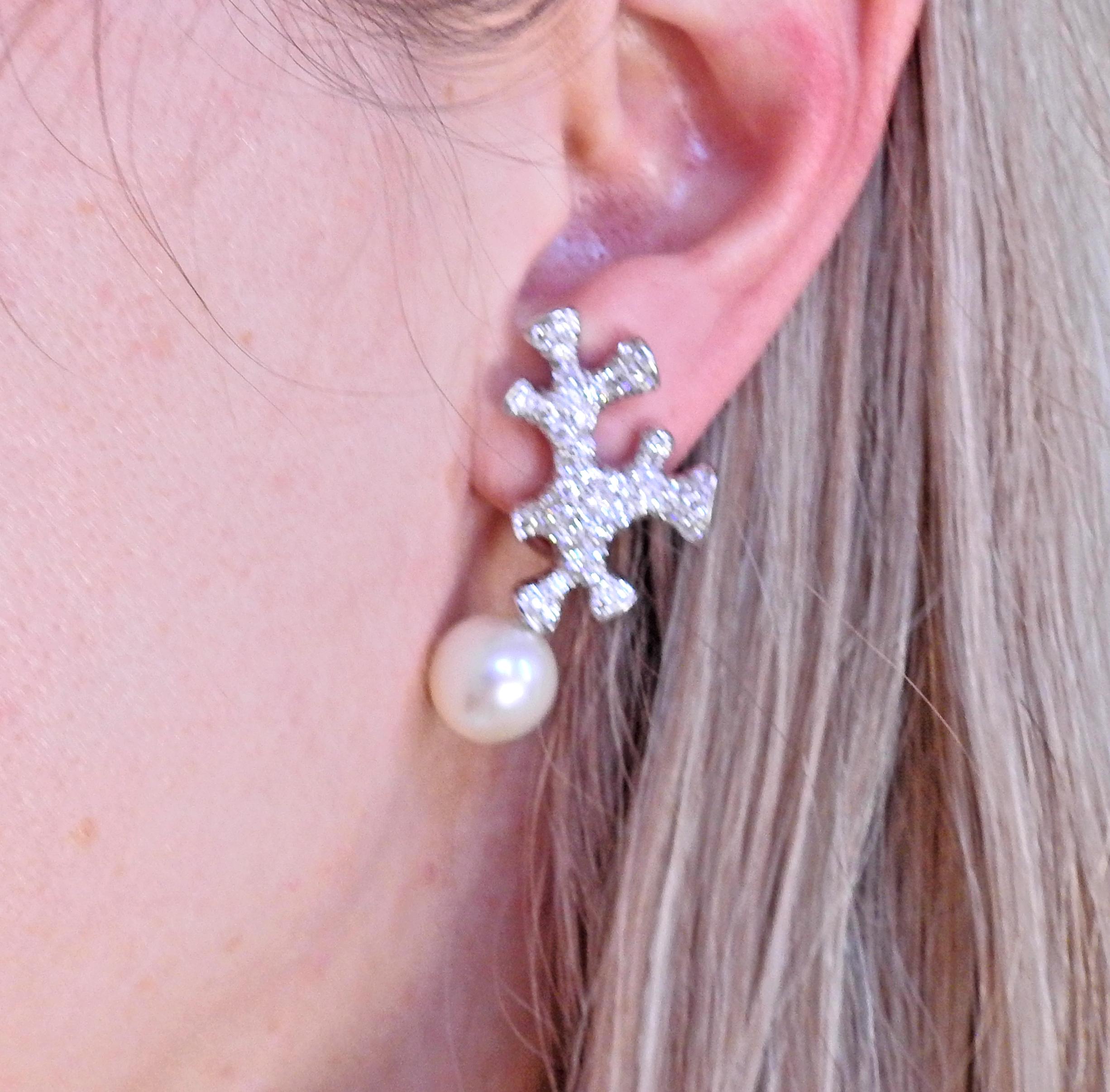Women's Angela Cummings Assael Platinum Gold Diamond South Sea Pearl Drop Earrings For Sale
