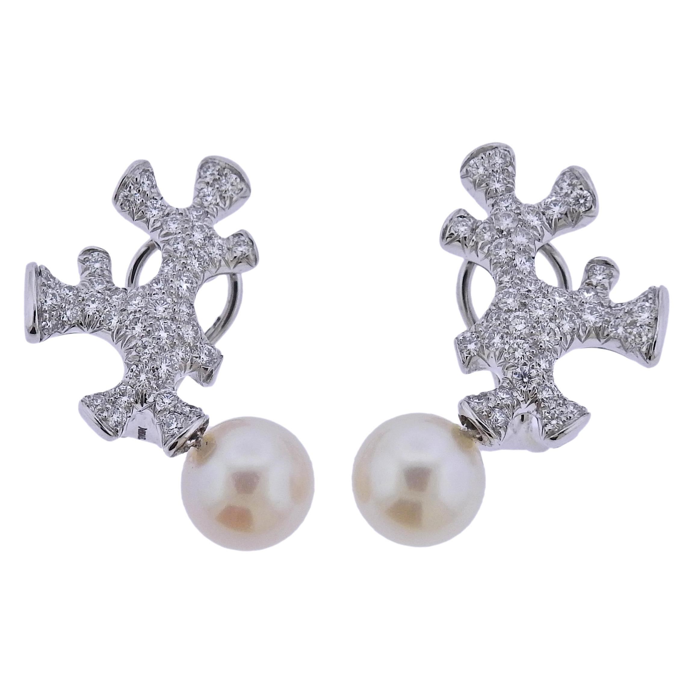 Angela Cummings Assael Platinum Gold Diamond South Sea Pearl Drop Earrings For Sale