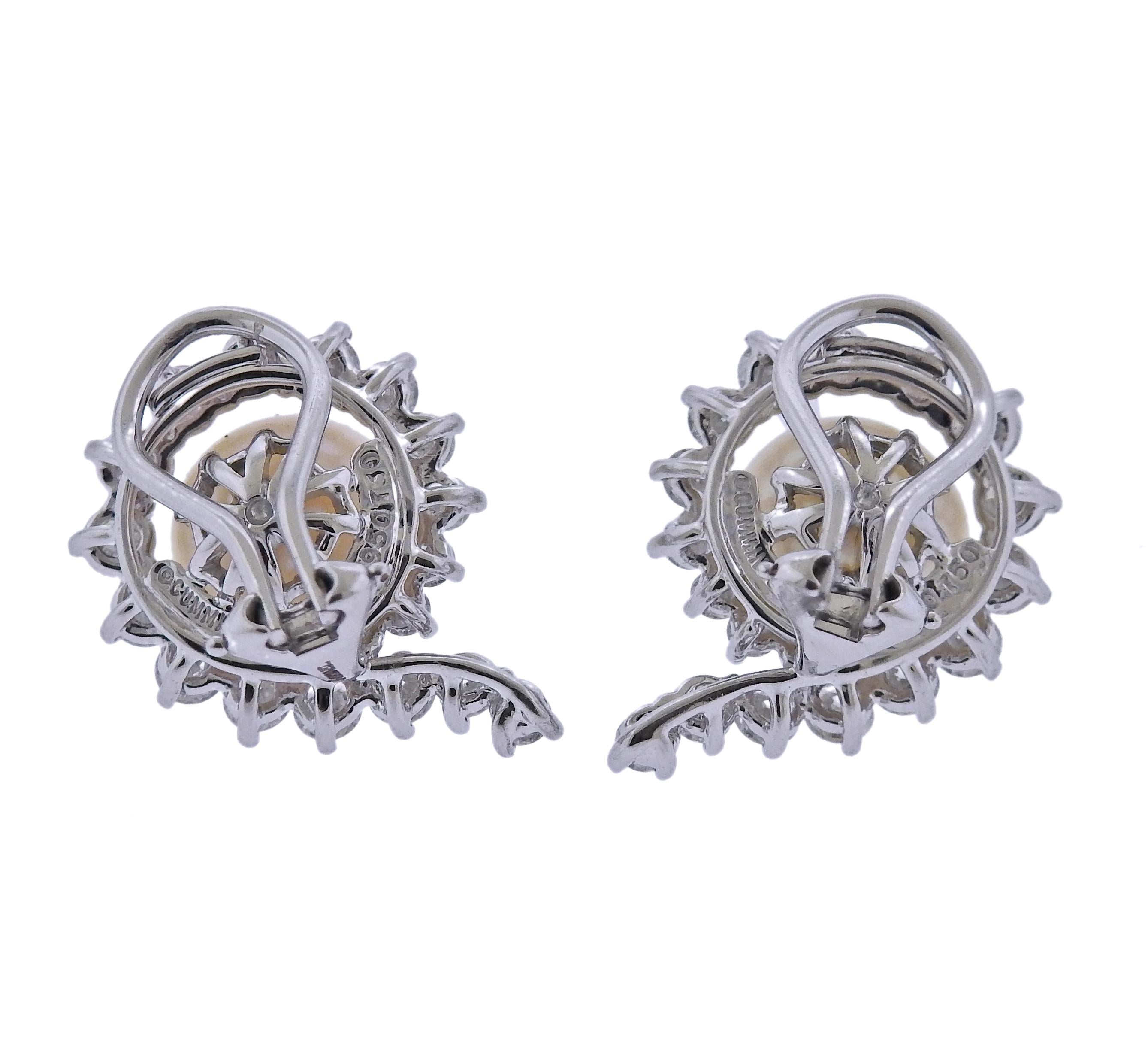 Round Cut Angela Cummings Assael South Sea Pearl Diamond Platinum Gold Earrings For Sale