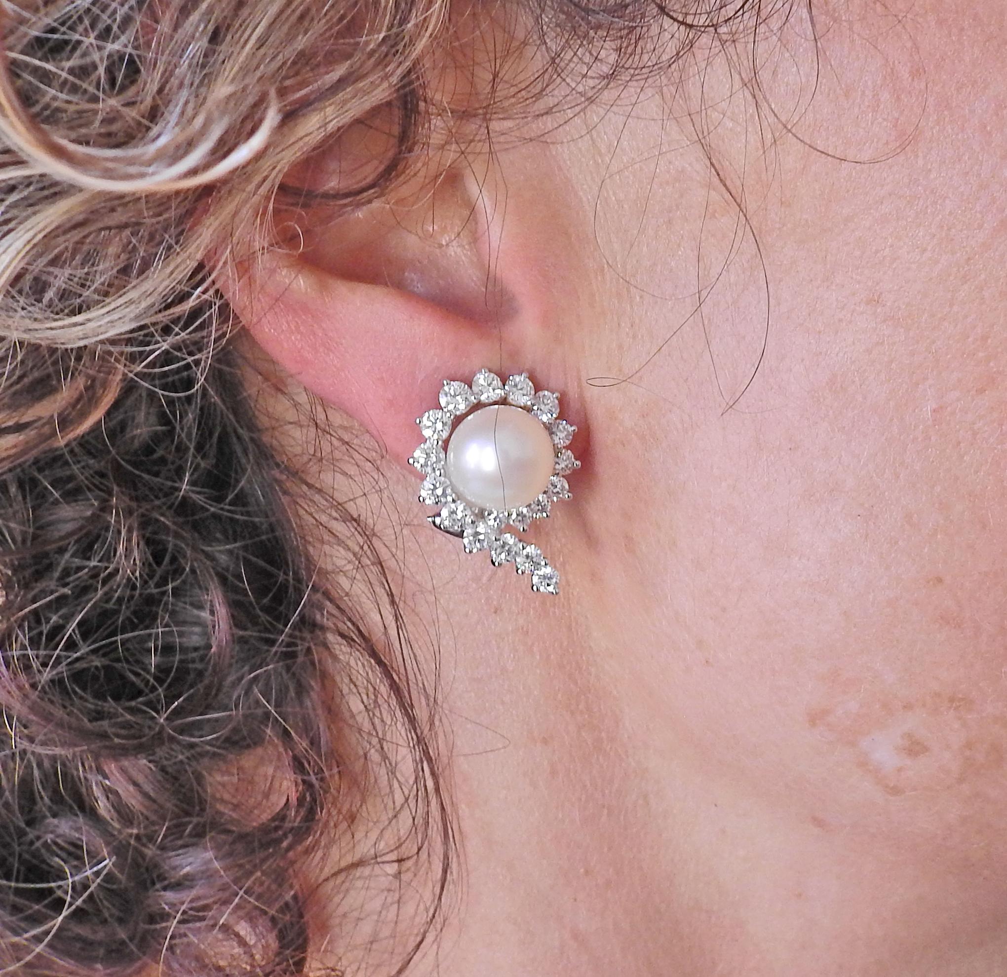 Angela Cummings Assael South Sea Pearl Diamond Platinum Gold Earrings In New Condition For Sale In Lambertville, NJ