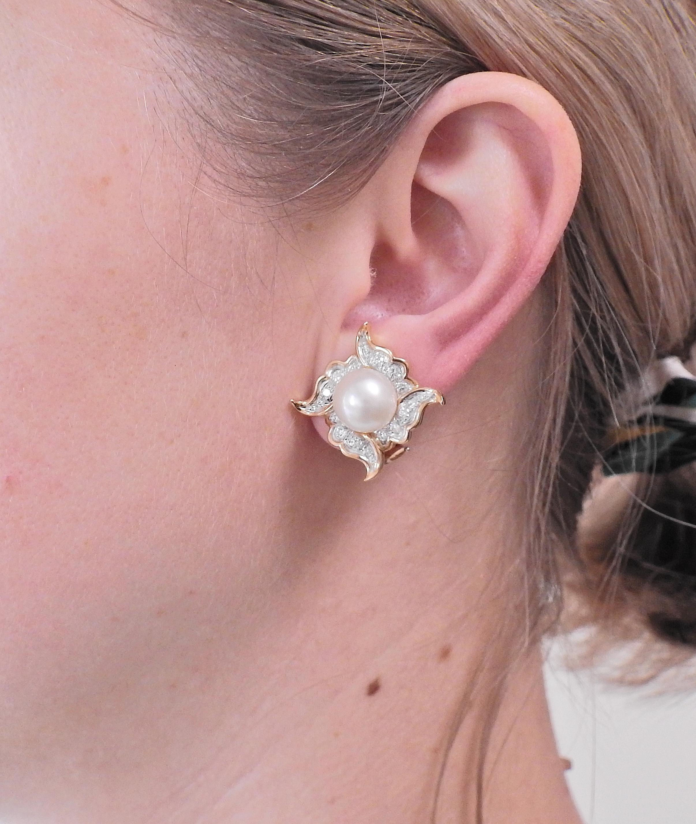Women's Angela Cummings Assael South Sea Pearl Diamond Platinum Gold Earrings