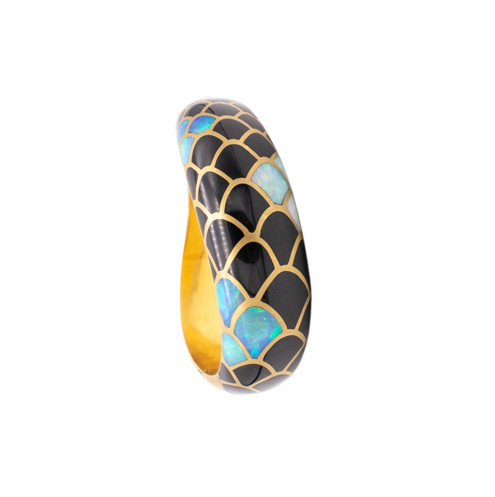 Modernist Angela Cummings Bangle Bracelet 18Kt Yellow Gold with Inlaid Opals & Black Jade
