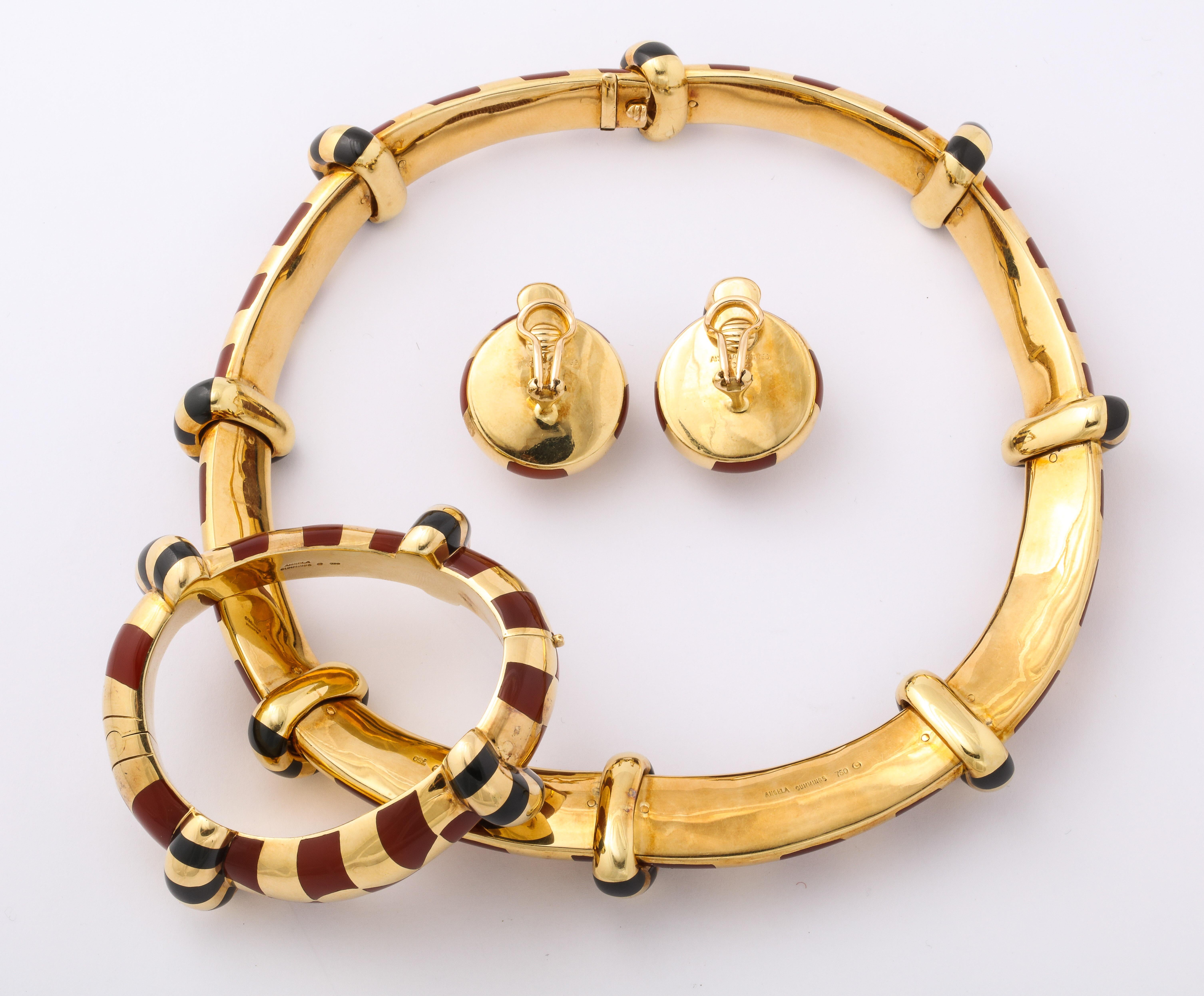 Contemporary Angela Cummings Black Onyx Carnelian Yellow Gold Choker Bracelet Earring Set