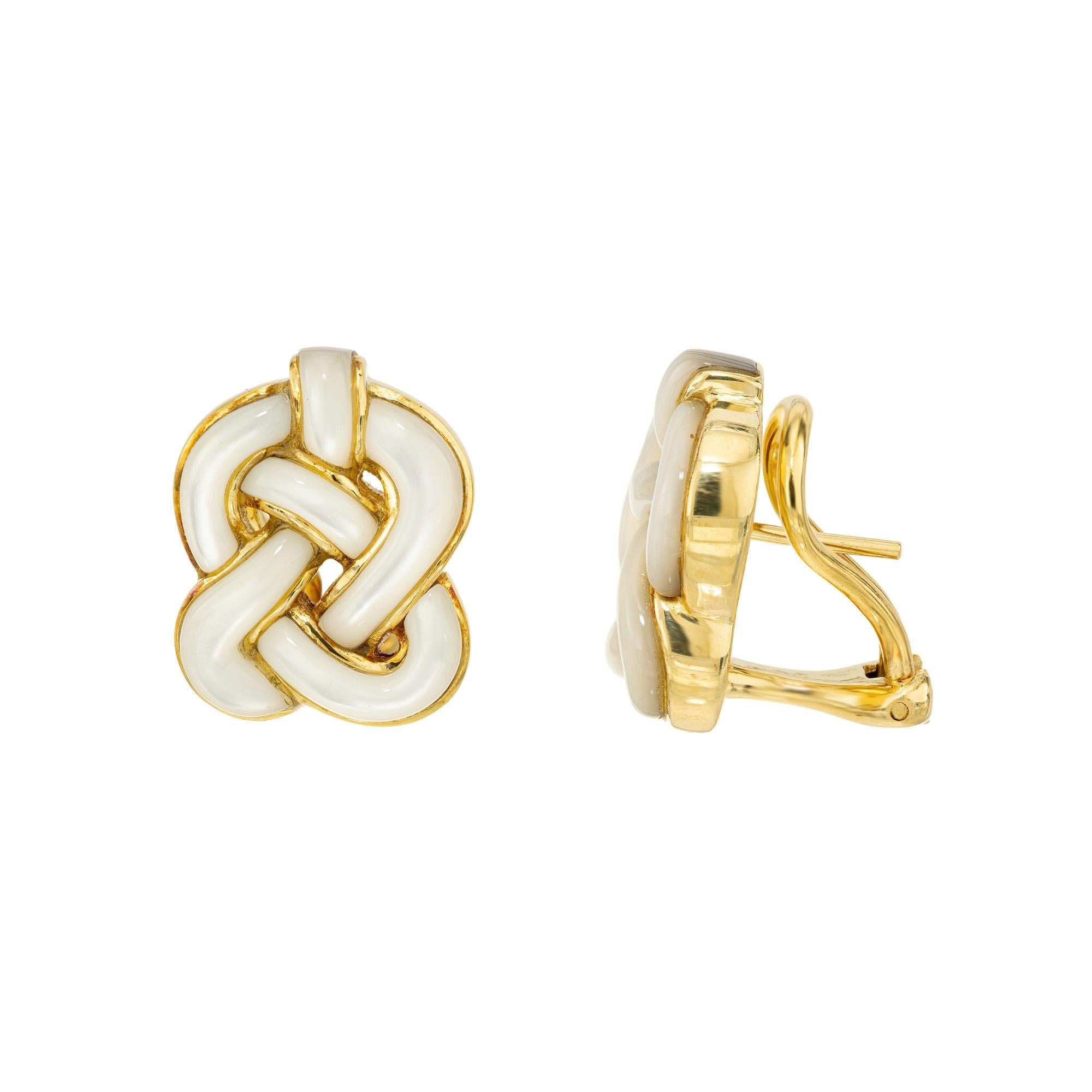 Round Cut Angela Cummings Carved Mother of Pearl Gold Celtic Clip Post Knot Earrings For Sale