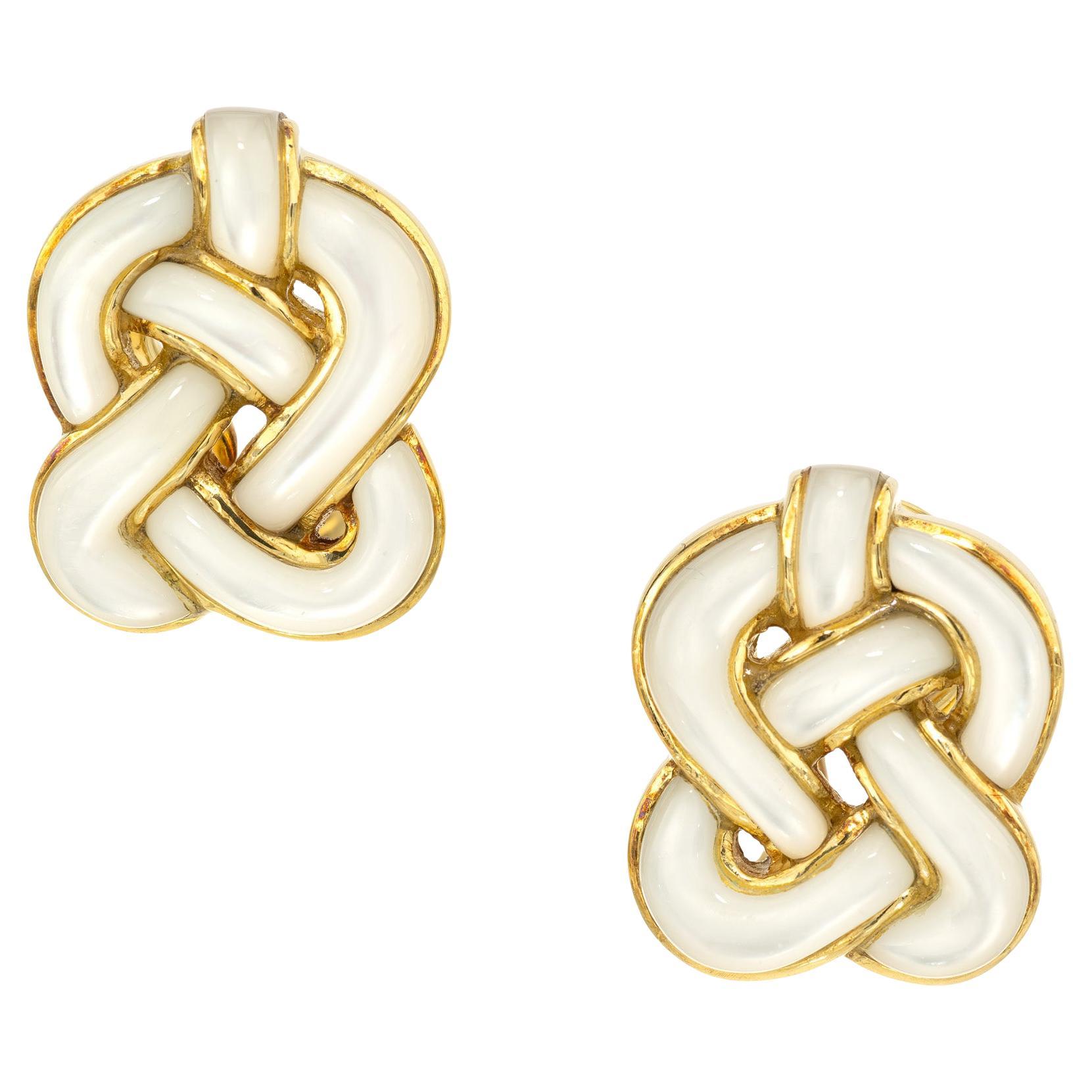 Angela Cummings Carved Mother of Pearl Gold Celtic Clip Post Knot Earrings