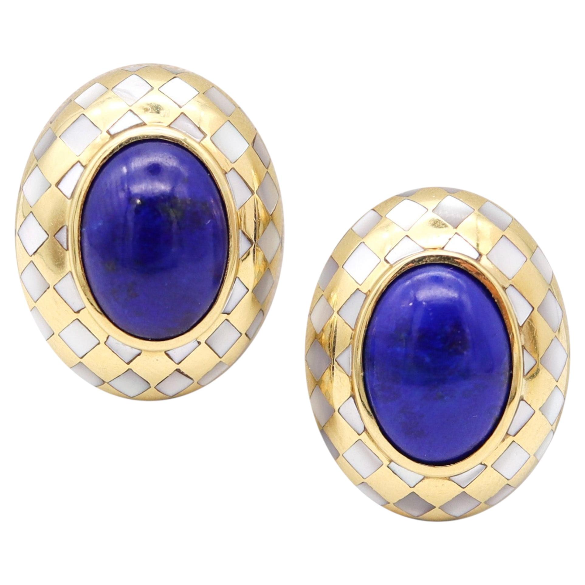 ANGELA CUMMINGS Orecchini a clip in oro 18Kt con intarsi di madreperla e lapis