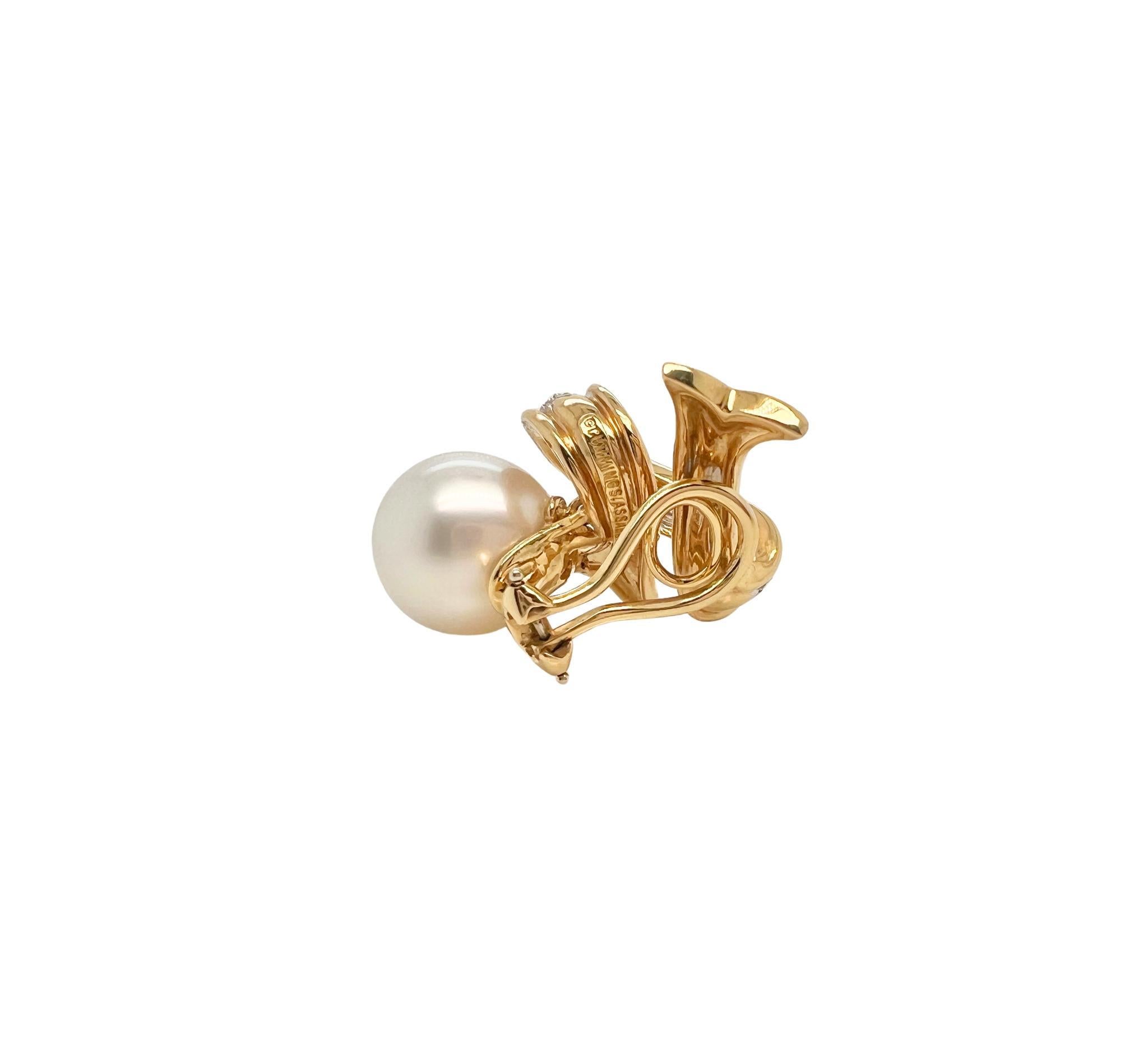 Ball Cut Angela Cummings Cultured Pearl, Diamond and Gold Clip-on Earrings For Sale