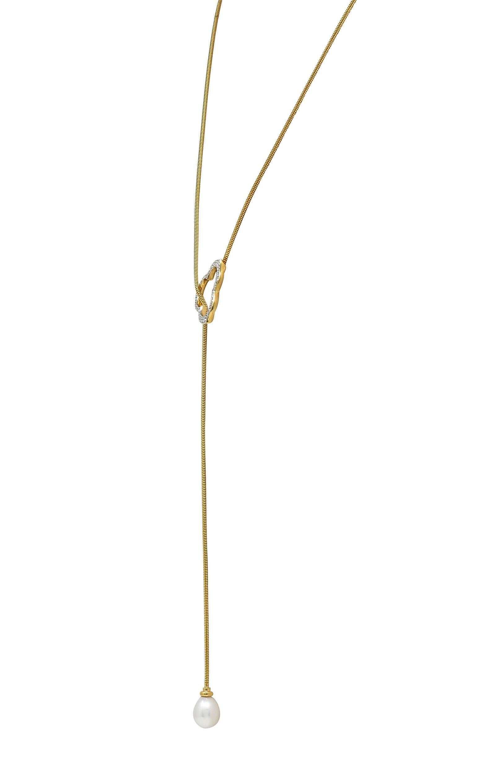 Angela Cummings Diamond Pearl 18 Karat Two-Tone Gold Vintage Lariat Necklace In Excellent Condition In Philadelphia, PA