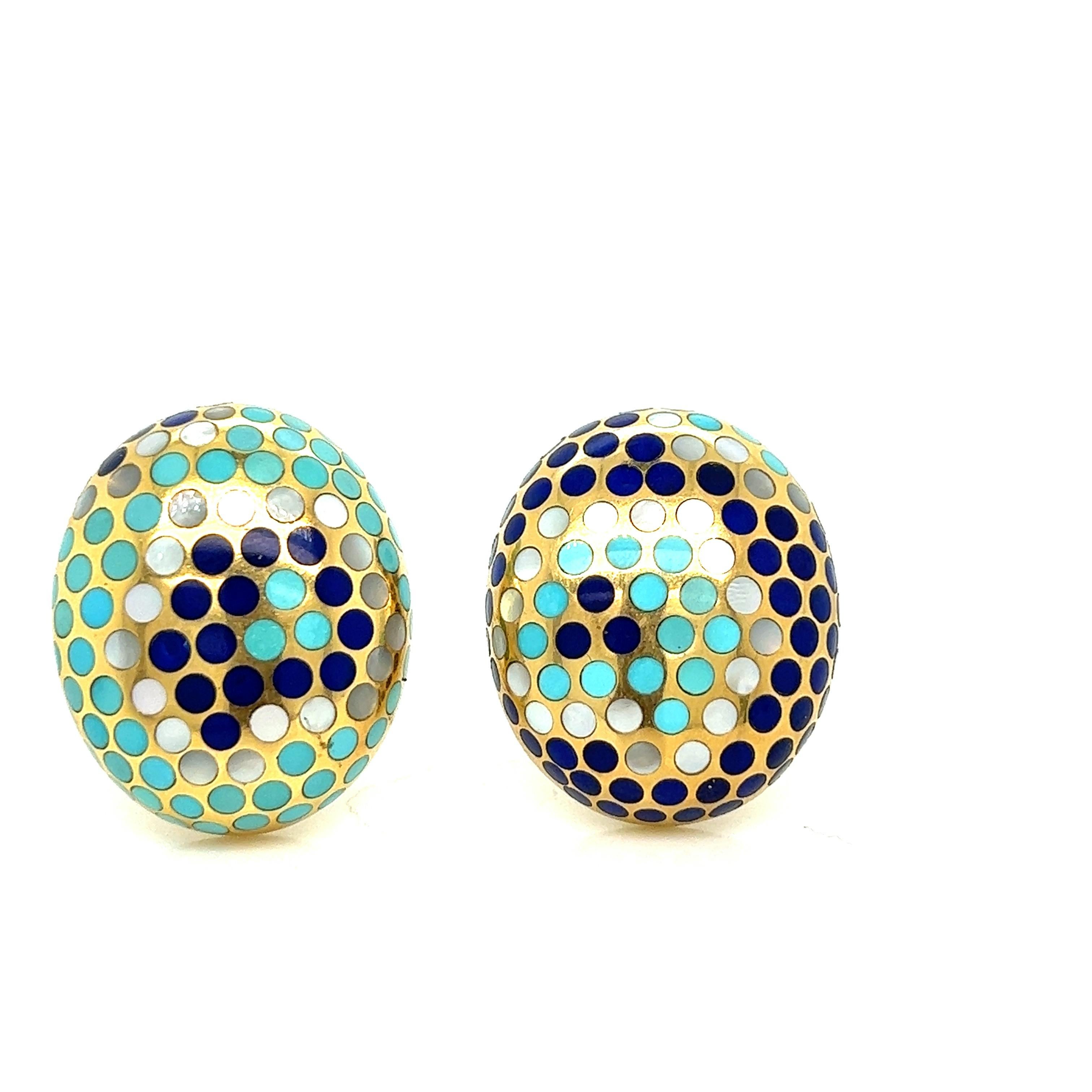 Angela Cummings Dots Mother-of-Pearl Turquoise & Lapis Ear Clips In Excellent Condition In New York, NY