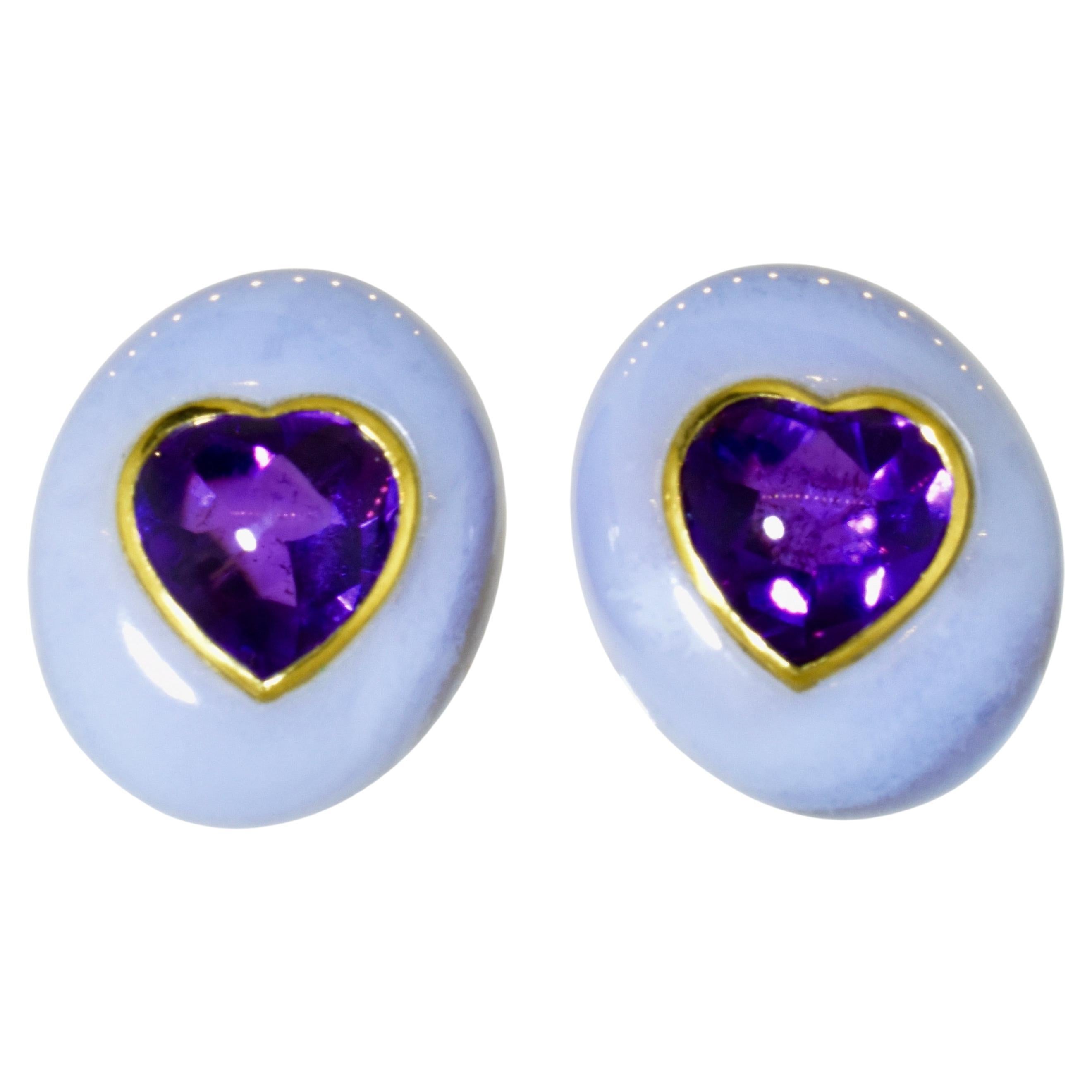 Angela Cummings 18K earrings.  These remarkable 18K yellow gold, amethyst and agate earrings are by Angela Cummings, they are slightly less than 1 inch in length and .75 inches in their width.  They are now for a non pierced ear and we can easily