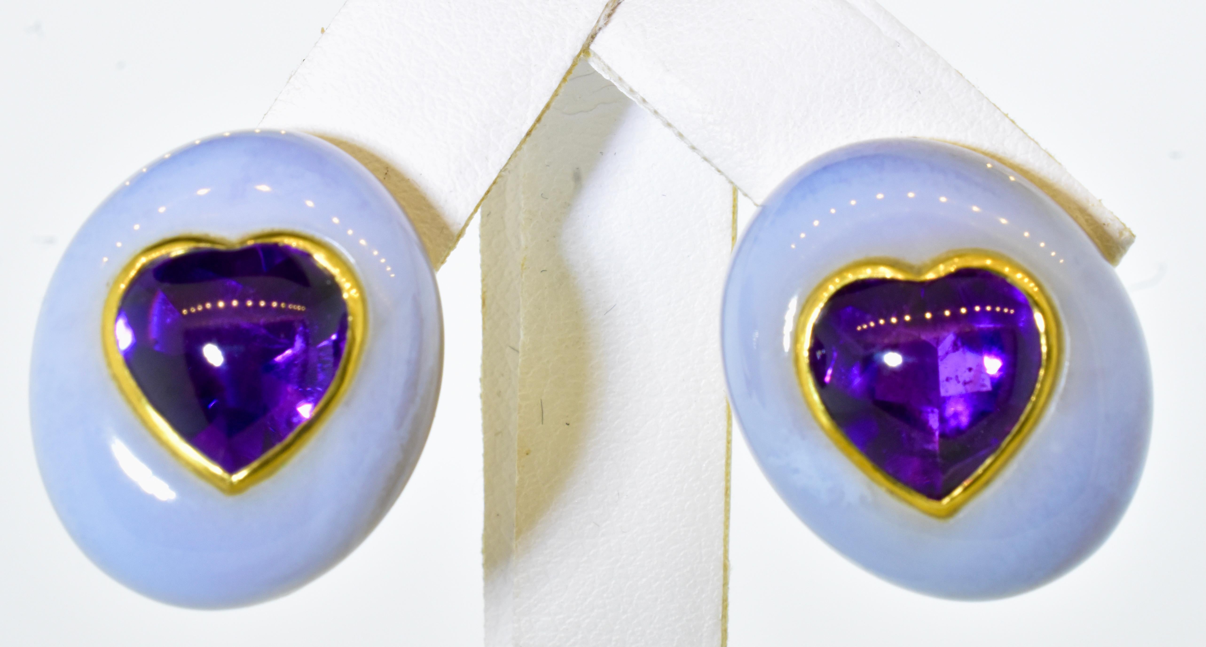 Heart Cut Angela Cummings Earrings in 18K and Centering Heart Shaped Amethysts