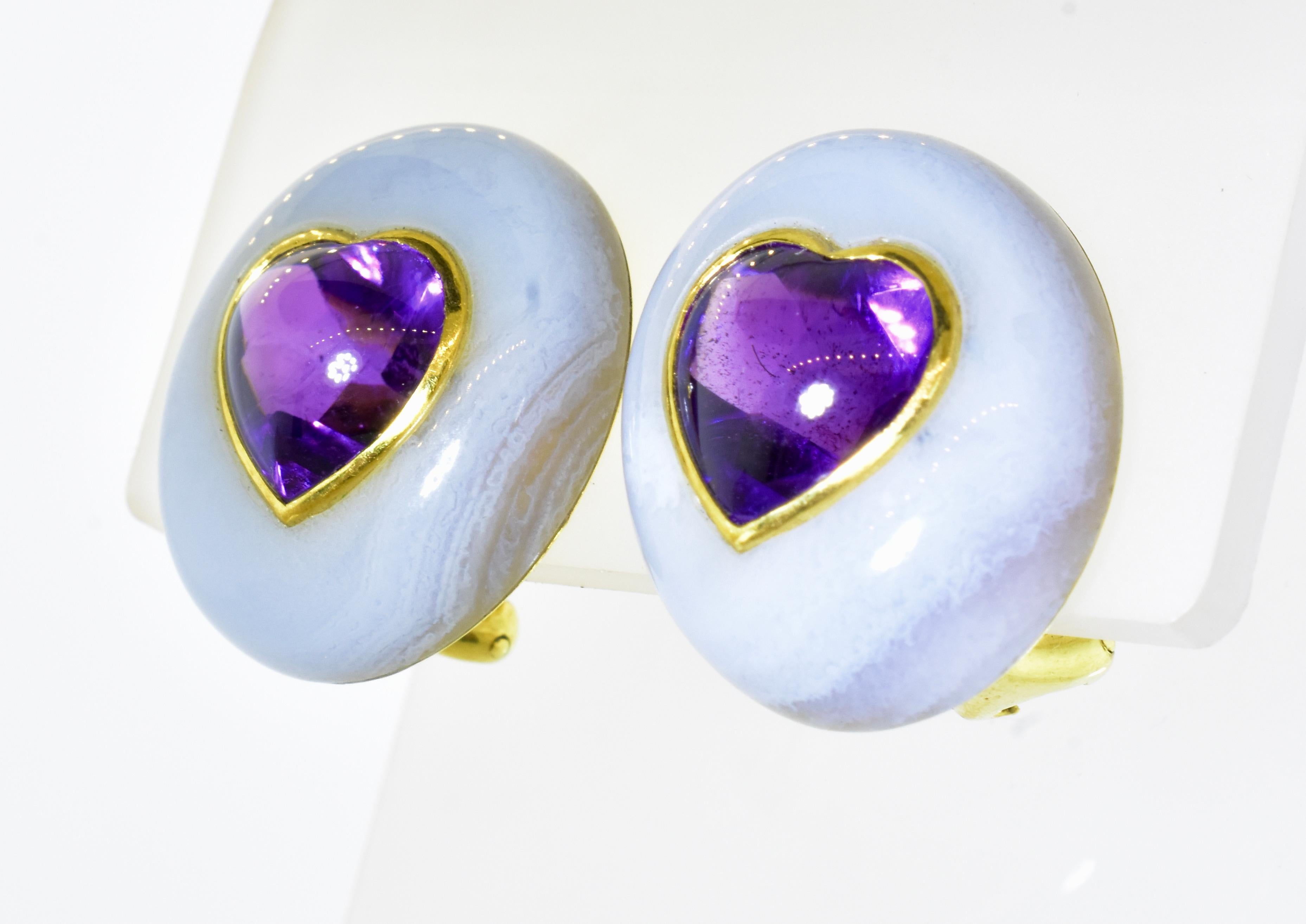 Contemporary Angela Cummings Earrings in 18k and Centering Heart Shaped Amethysts For Sale