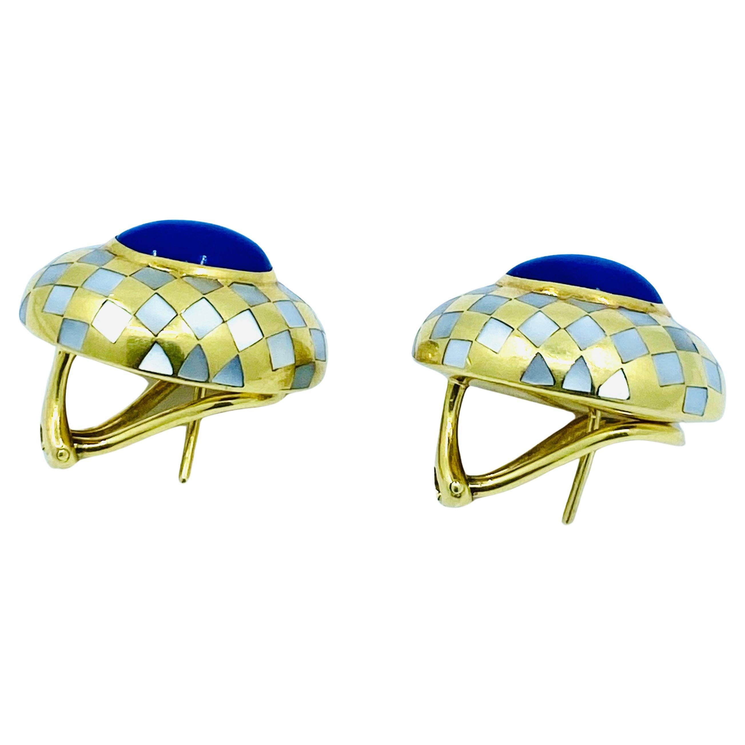 Women's Angela Cummings Earrings Inlaid 18k Gold Lapis Pearl For Sale