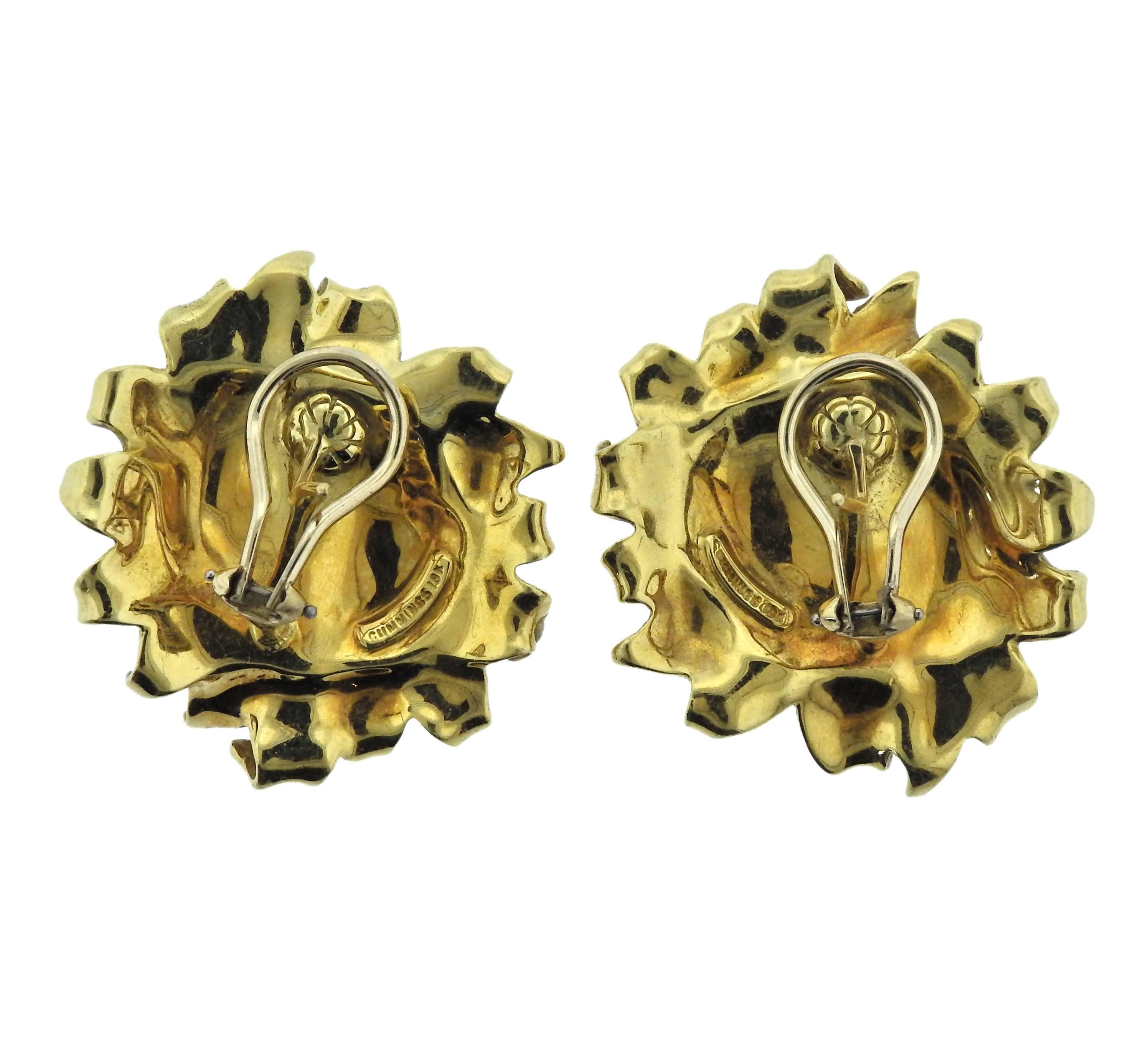  Pair of large 18k gold sunflower earrings, crafted by Angela Cummings, decorated with enamel.  Earrings are 36mm x 32mm, weigh 30.8 grams. Marked: Cummings, 18k.