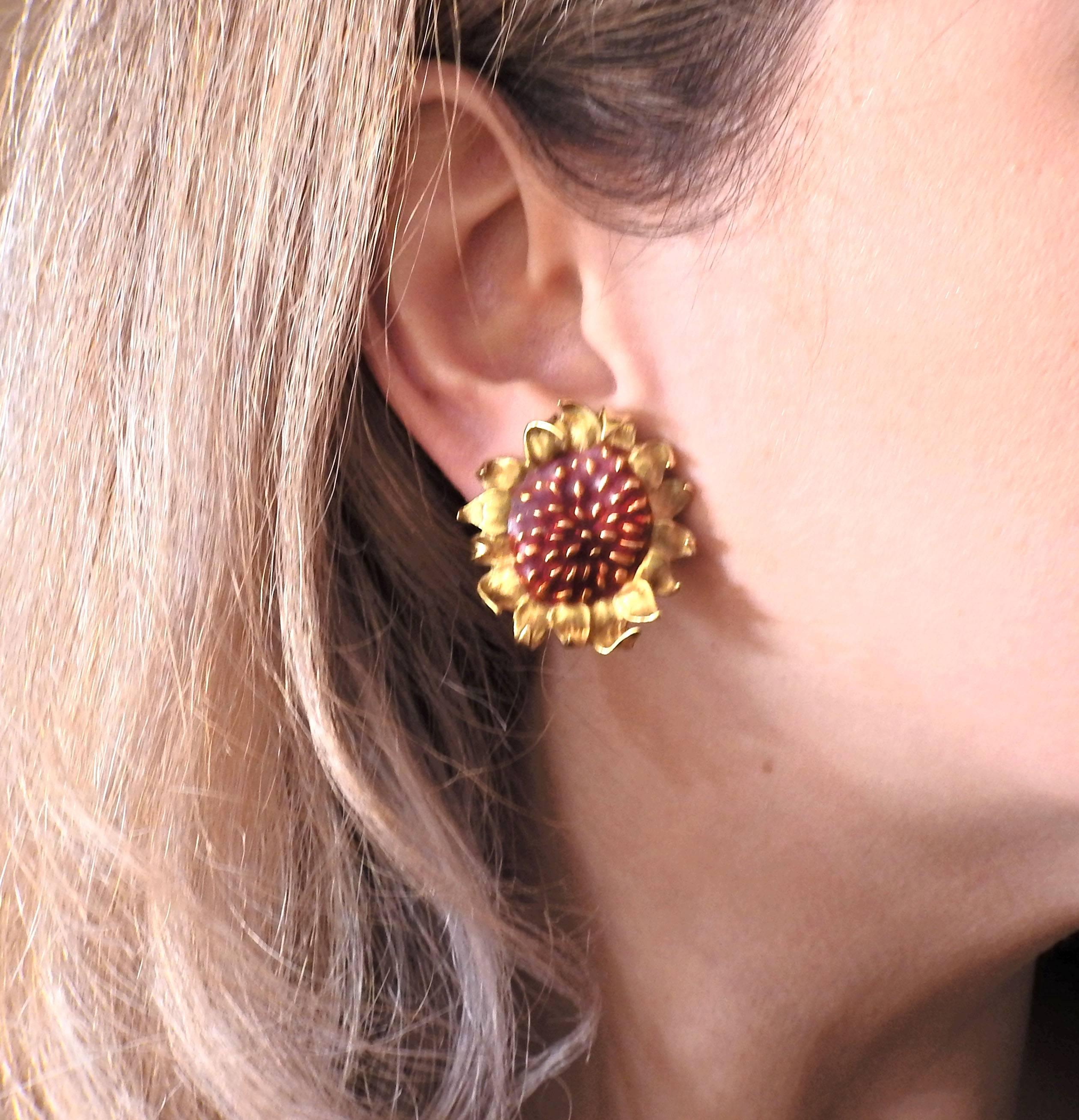 Angela Cummings Enamel Gold Sunflower Large Earrings 1