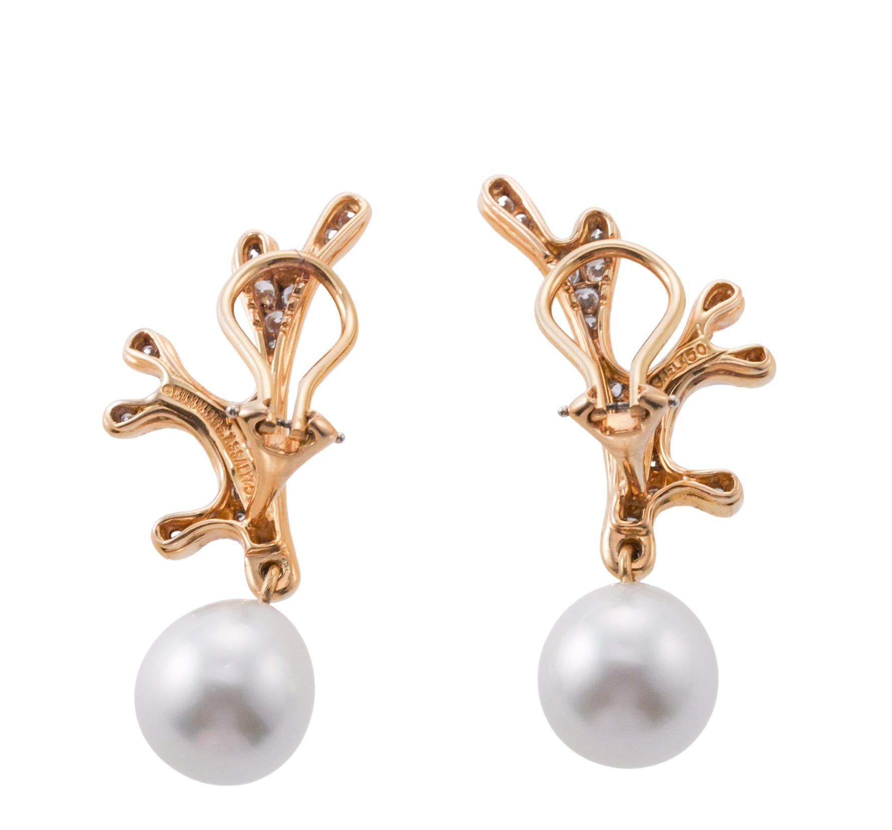 Round Cut Angela Cummings for Assael Coral Motif Diamond Pearl Gold Earrings For Sale