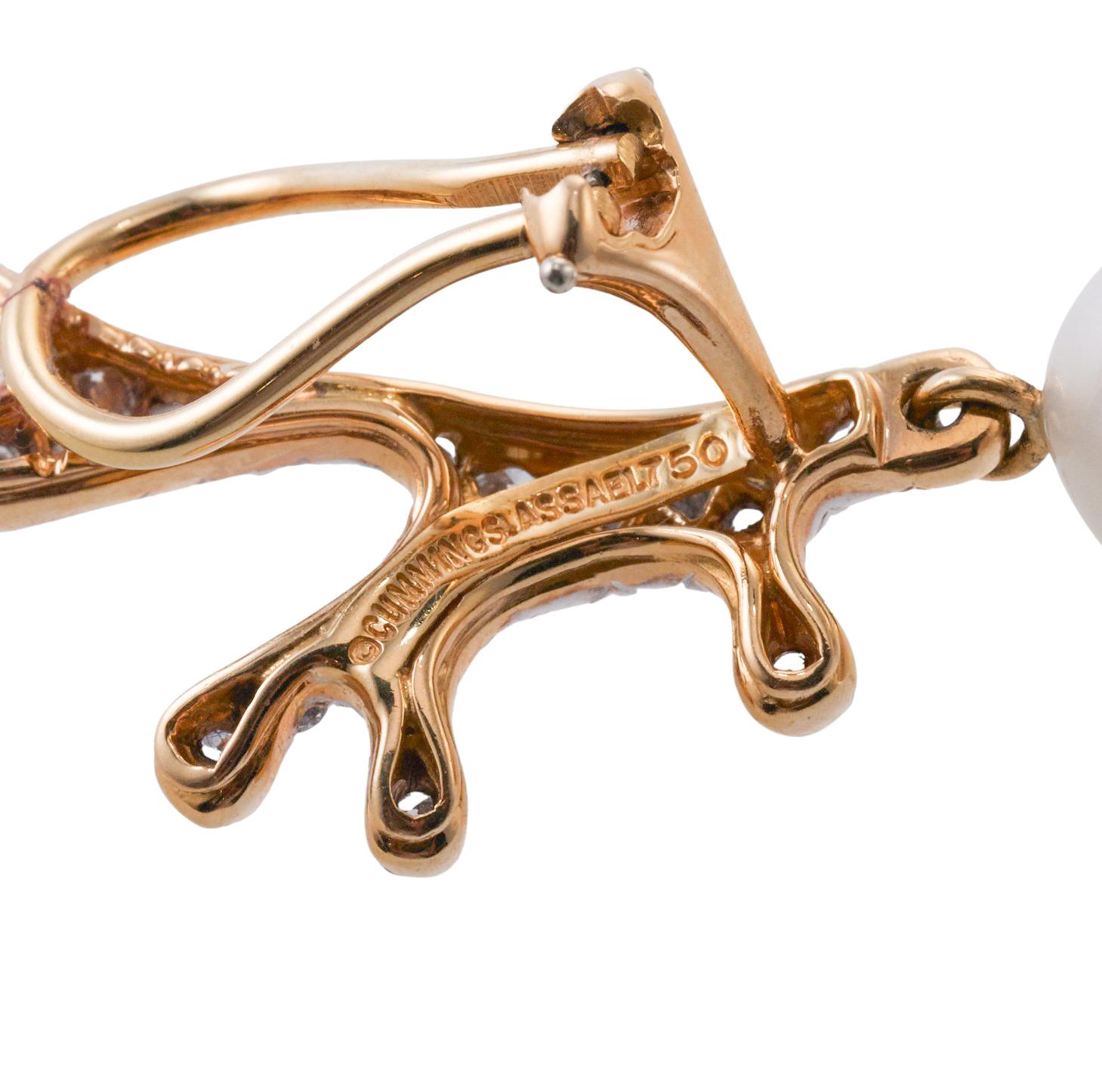 Women's Angela Cummings for Assael Coral Motif Diamond Pearl Gold Earrings For Sale