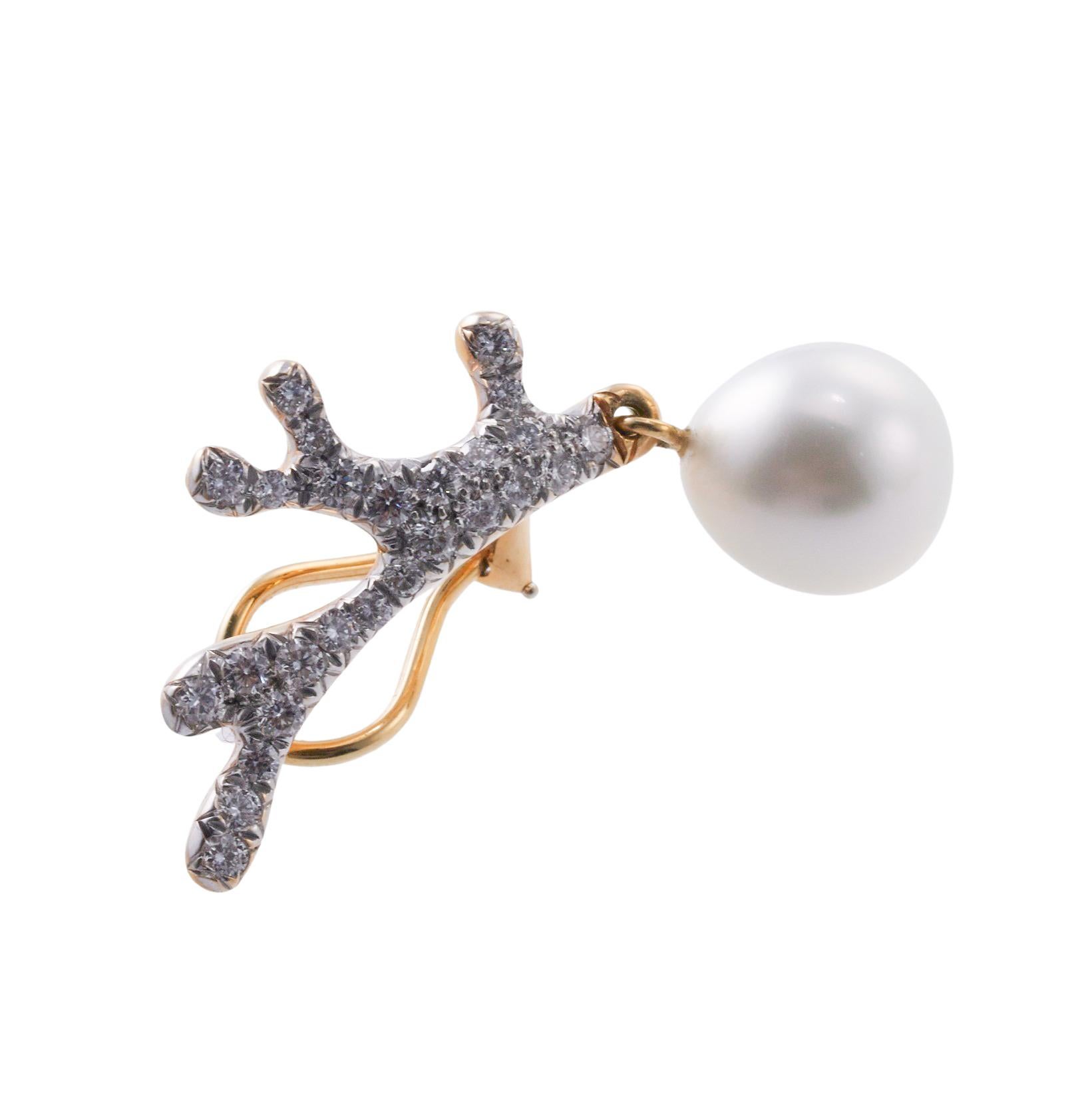Angela Cummings for Assael Coral Motif Diamond Pearl Gold Earrings For Sale 1