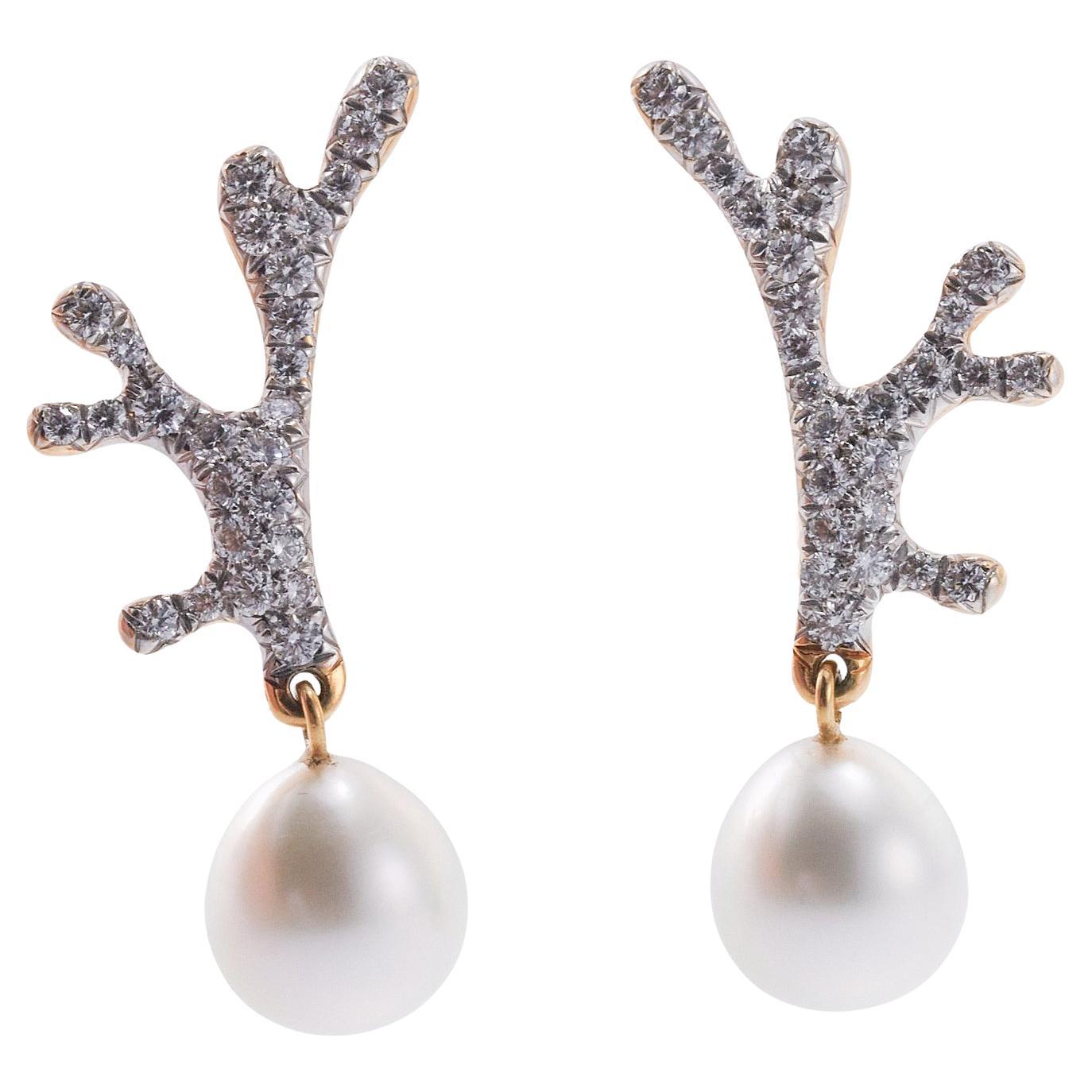 Angela Cummings for Assael Coral Motif Diamond Pearl Gold Earrings For Sale
