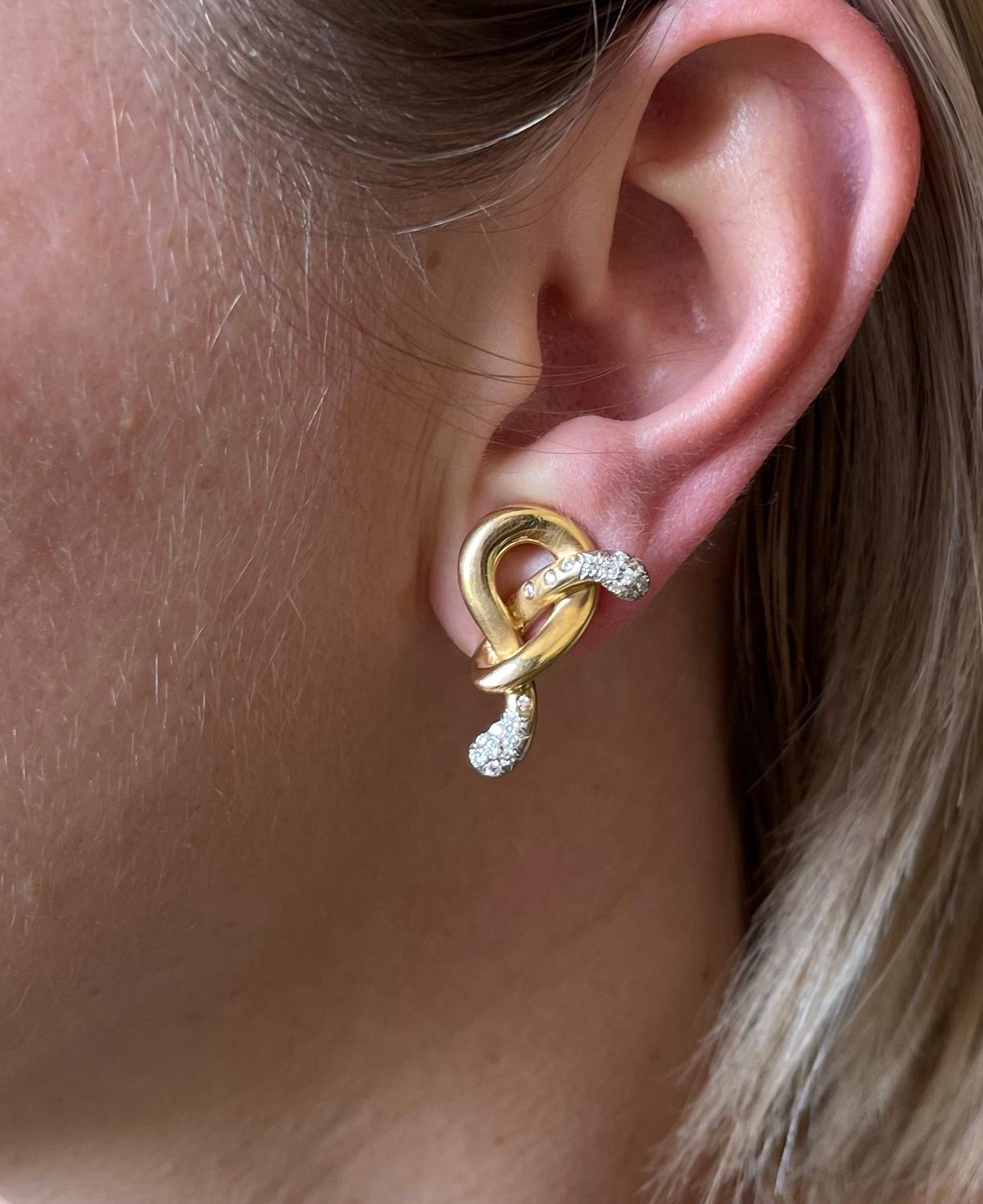 Round Cut Angela Cummings for Assael Gold Diamond Pretzel Knot Earrings For Sale