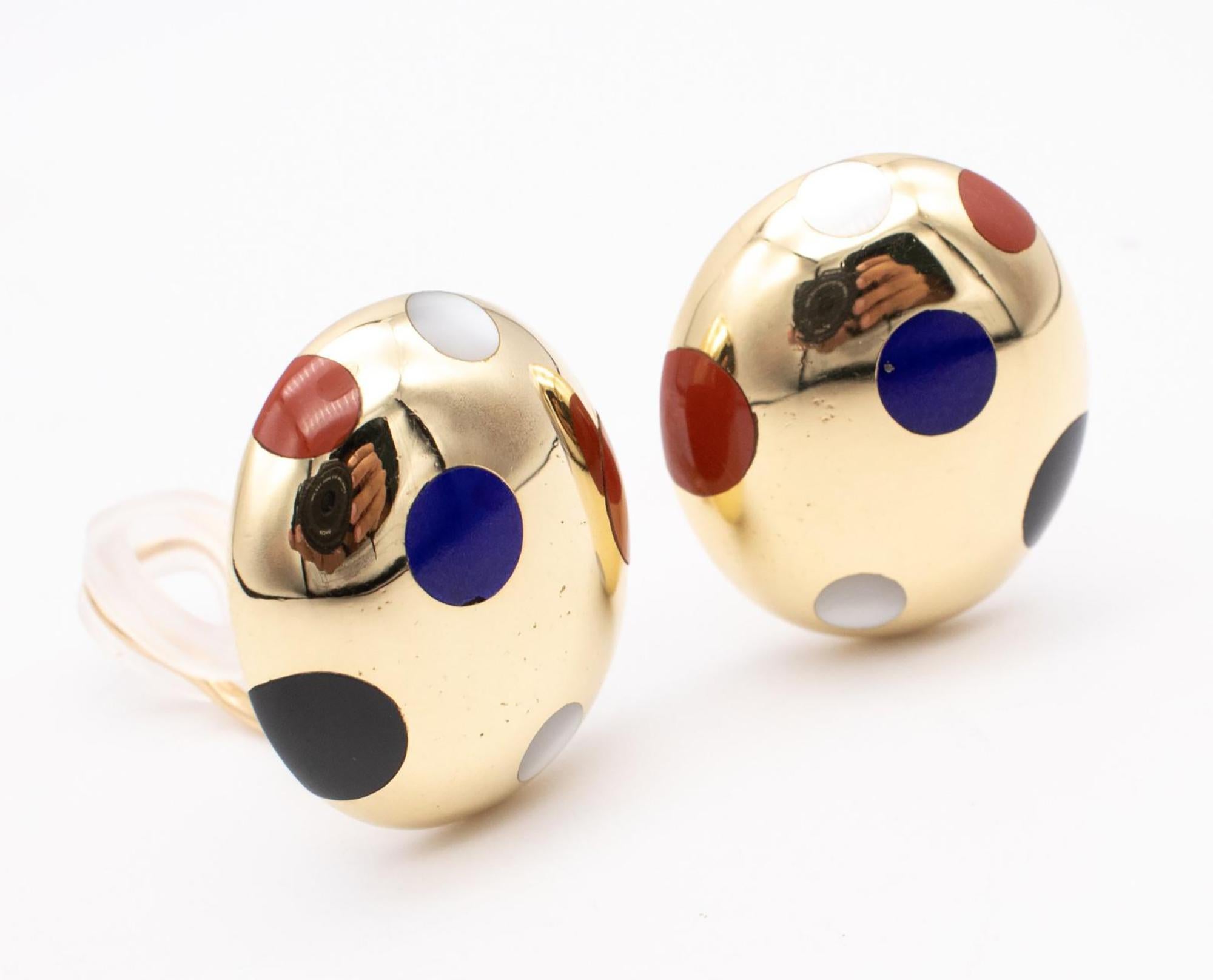 18K gold earrings accented with hard stone inlay by Angela Cummings. Set with polka dots of Carnelian, Mother of Pearl and Onyx. Back is marked 