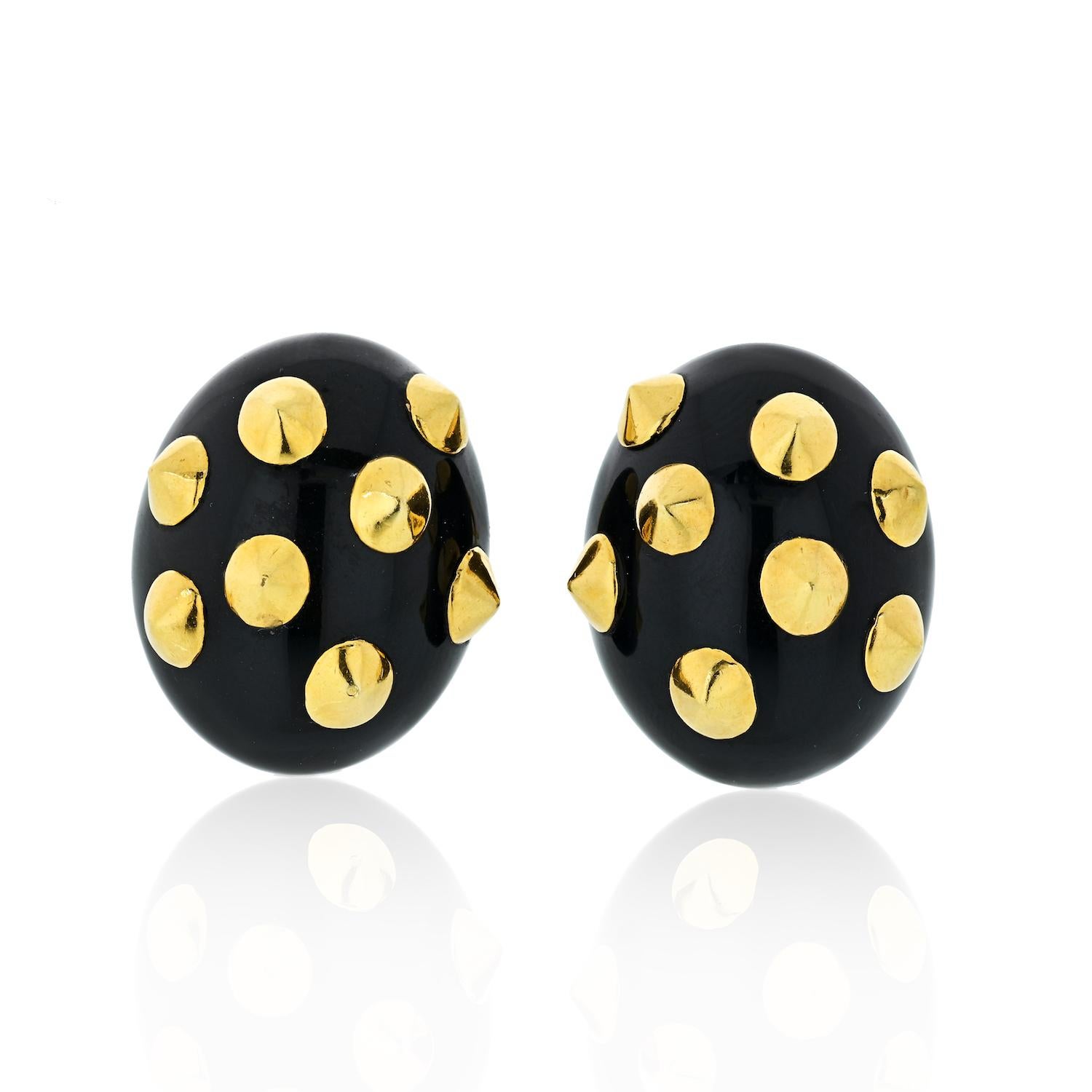 Oval Cut Angela Cummings Gold and Black Jade Studded Earrings For Sale