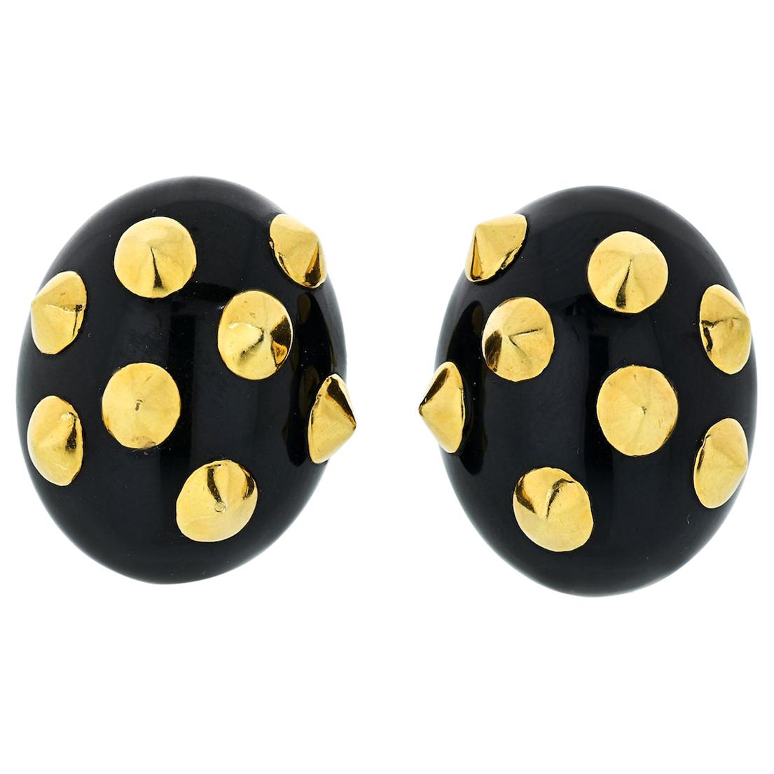 Angela Cummings Gold and Black Jade Studded Earrings For Sale