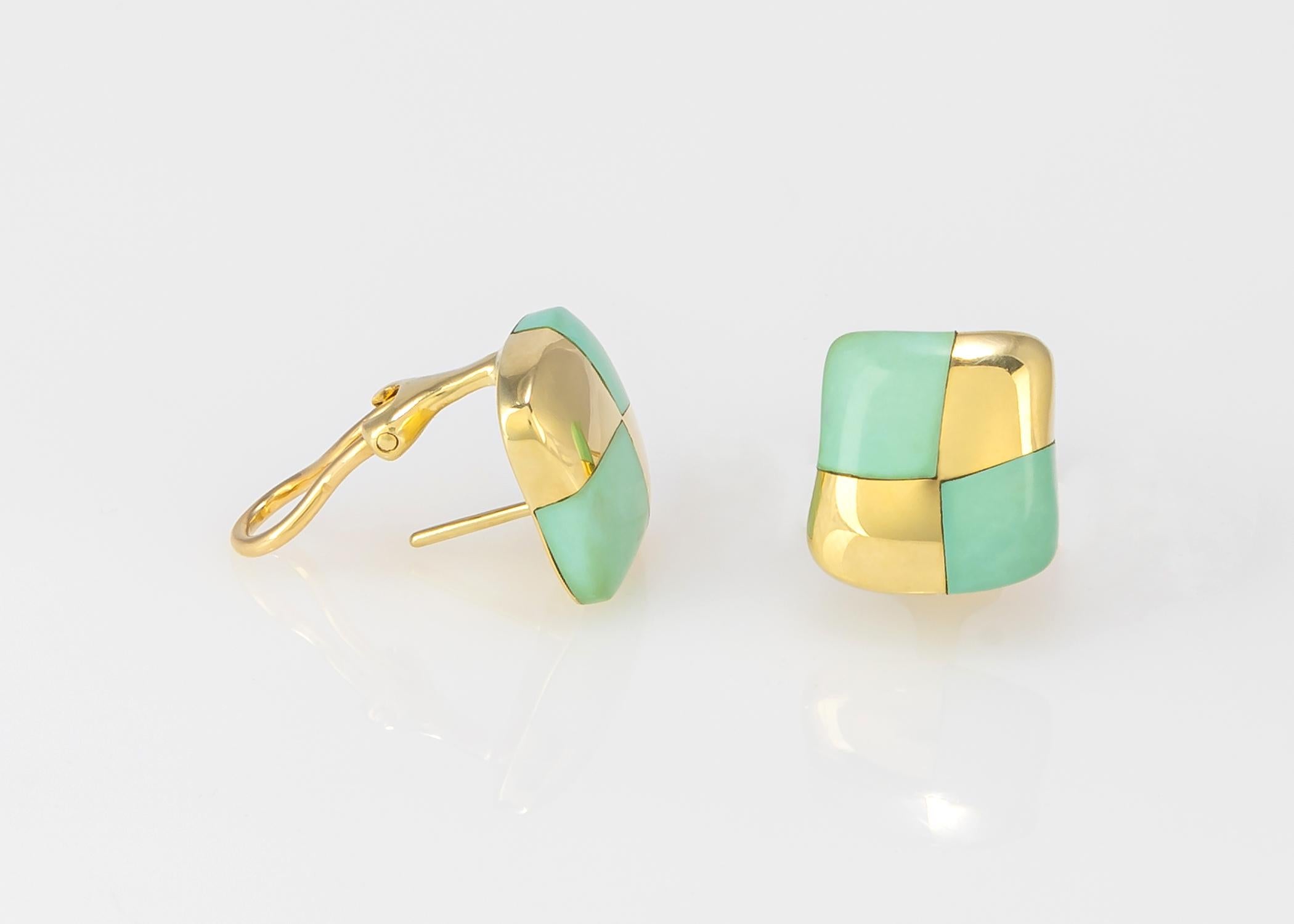 Angela Cummings began her career with Tiffany & Co. in 1967 and founded her own company in 1984. Her designs are iconic and collectable. This simple checkerboard design features turquoise and 18k gold. A great easy to wear earring. 14.1 mm or
