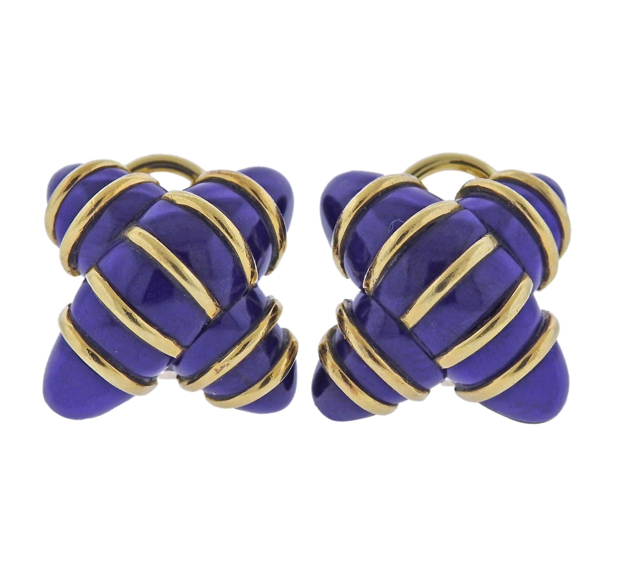 Angela Cummings Gold Blue Enamel X Earrings In Excellent Condition For Sale In New York, NY