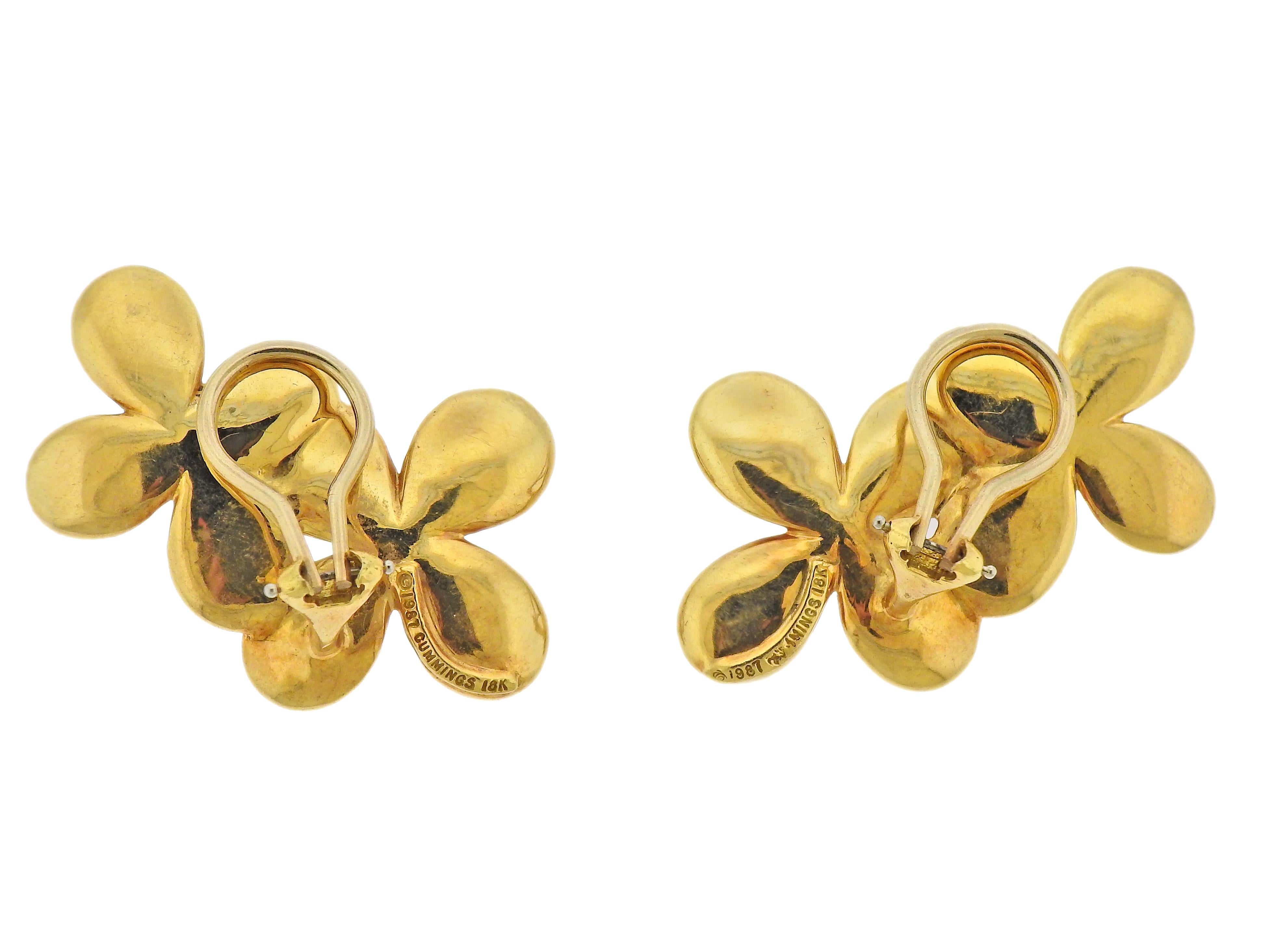 Circa 1987, pair of 18k gold flower earrings by Angela Cummings. Earrings are 38mm x 26mm. Marked: Angela Cummings, 1987, 18k. Weight - 22.3 grams. 