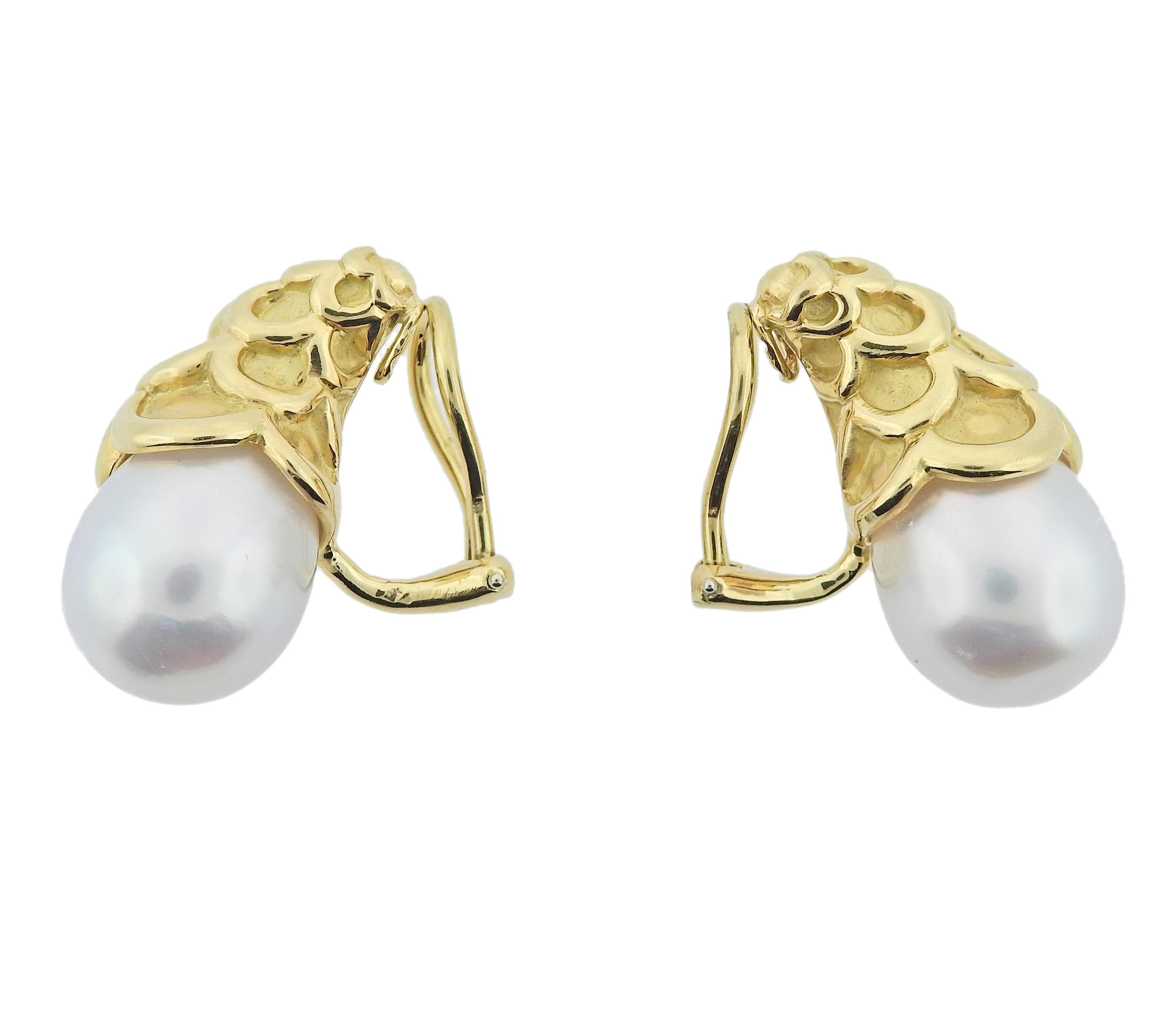 Round Cut Angela Cummings Gold South Sea Pearl Earrings For Sale
