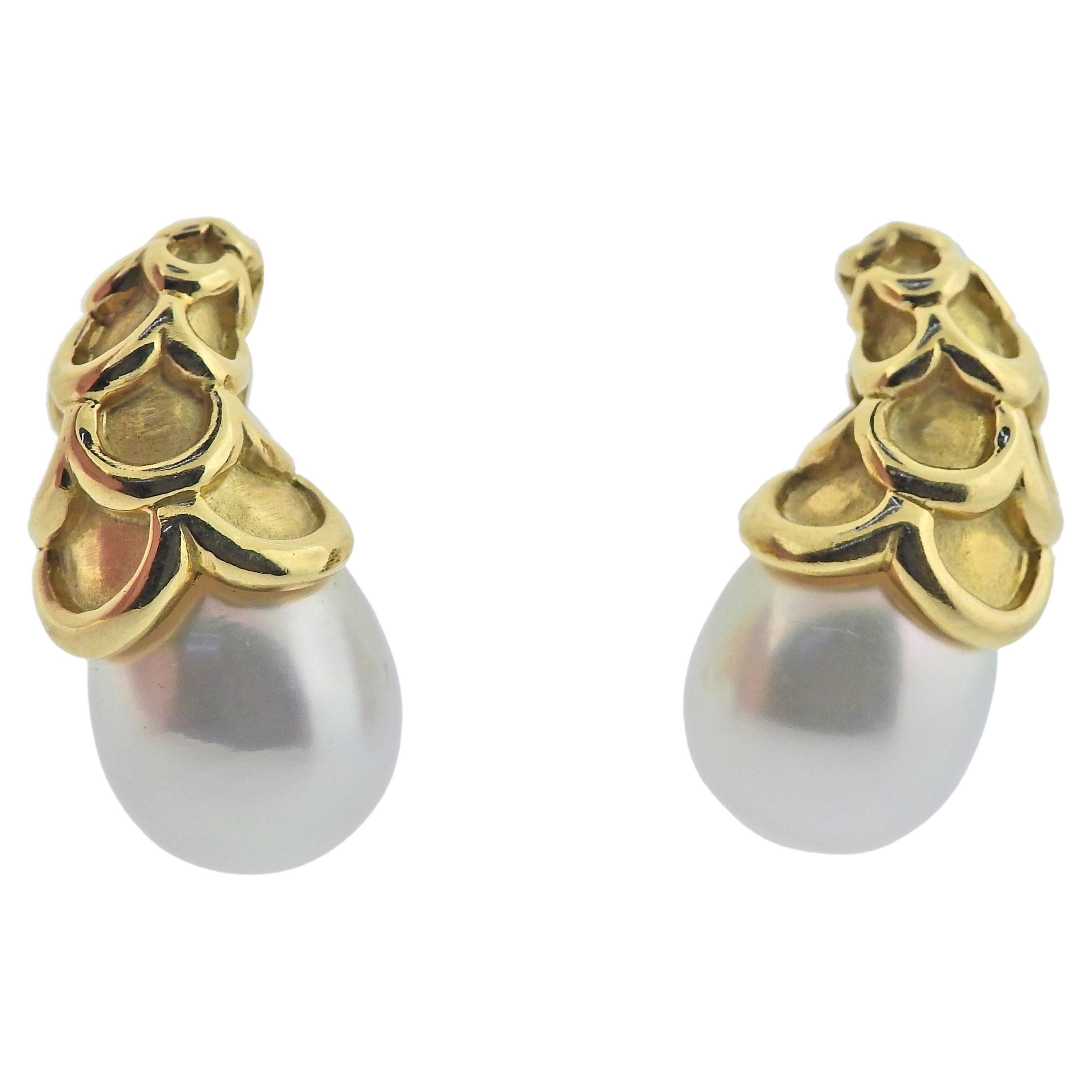 Angela Cummings Gold South Sea Pearl Earrings For Sale