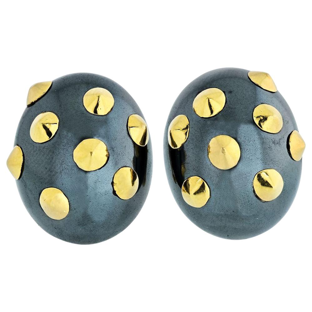 Angela Cummings Hematite 18 Karat Yellow Gold Studed Earrings For Sale