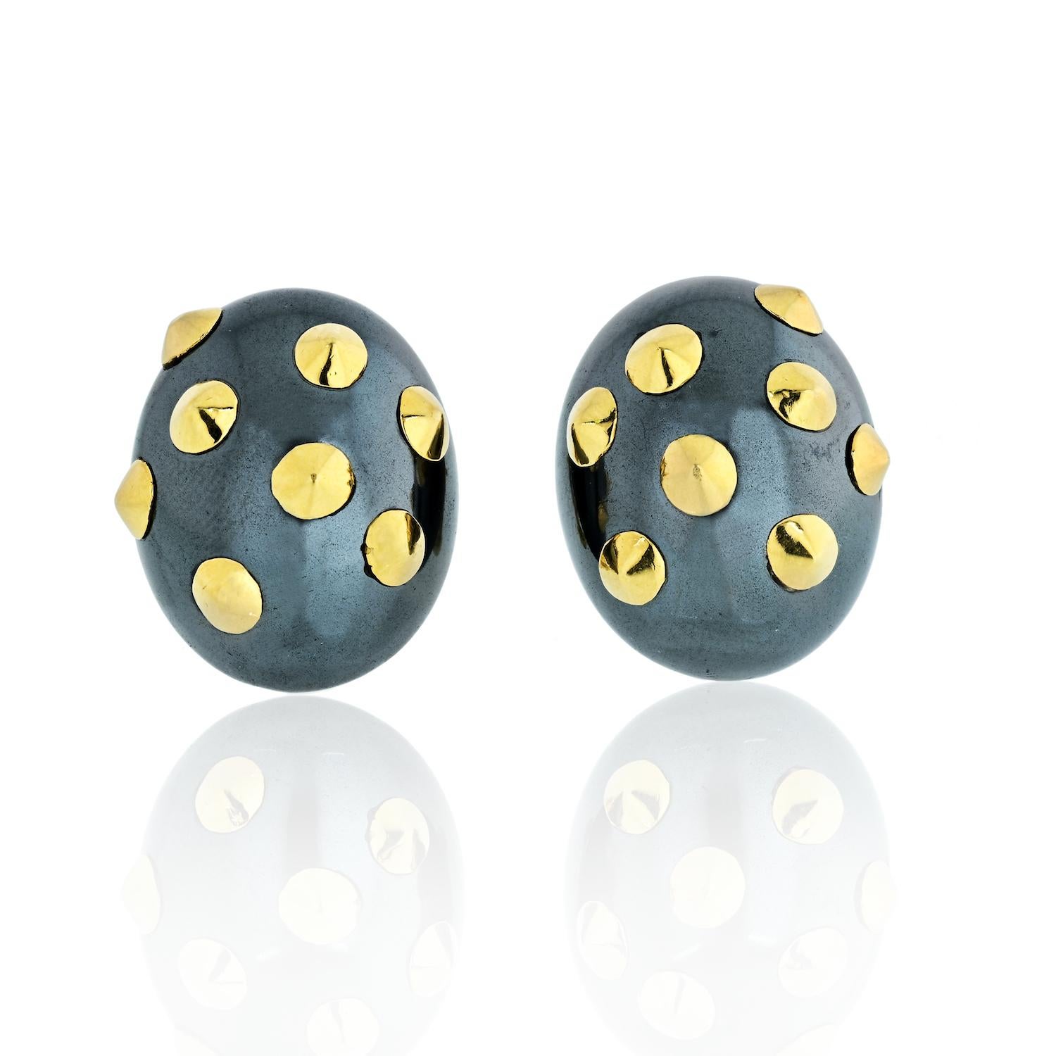 Oval Cut Angela Cummings Hematite 18 Karat Yellow Gold Studed Earrings For Sale