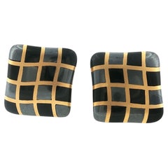 Angela Cummings Hematite Black Jade Checkerboard 18 Karat Yellow Gold Earrings