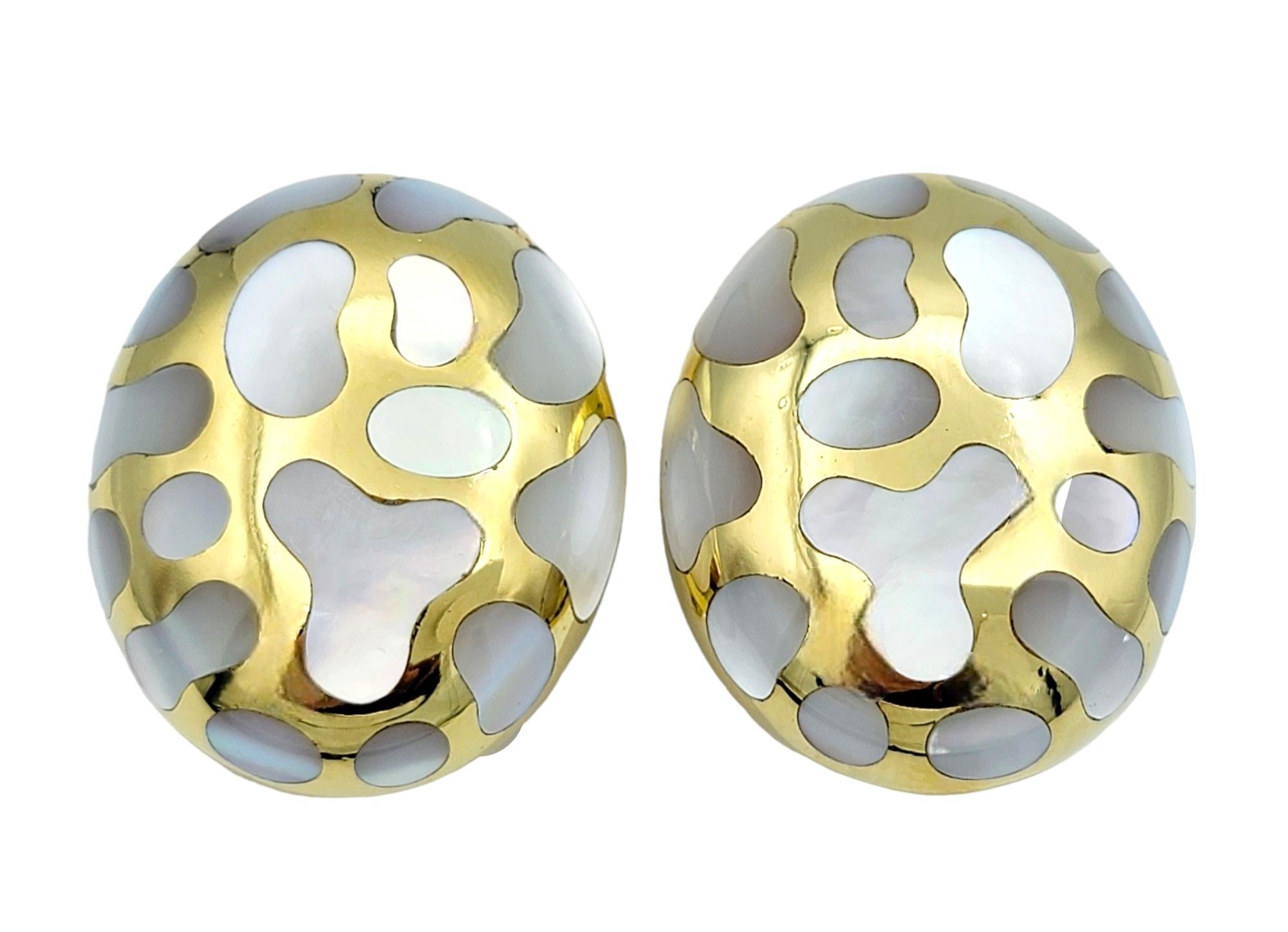 Women's Angela Cummings Inlay Mother of Pearl Clip-on Dome Earrings in 18 Karat Gold For Sale