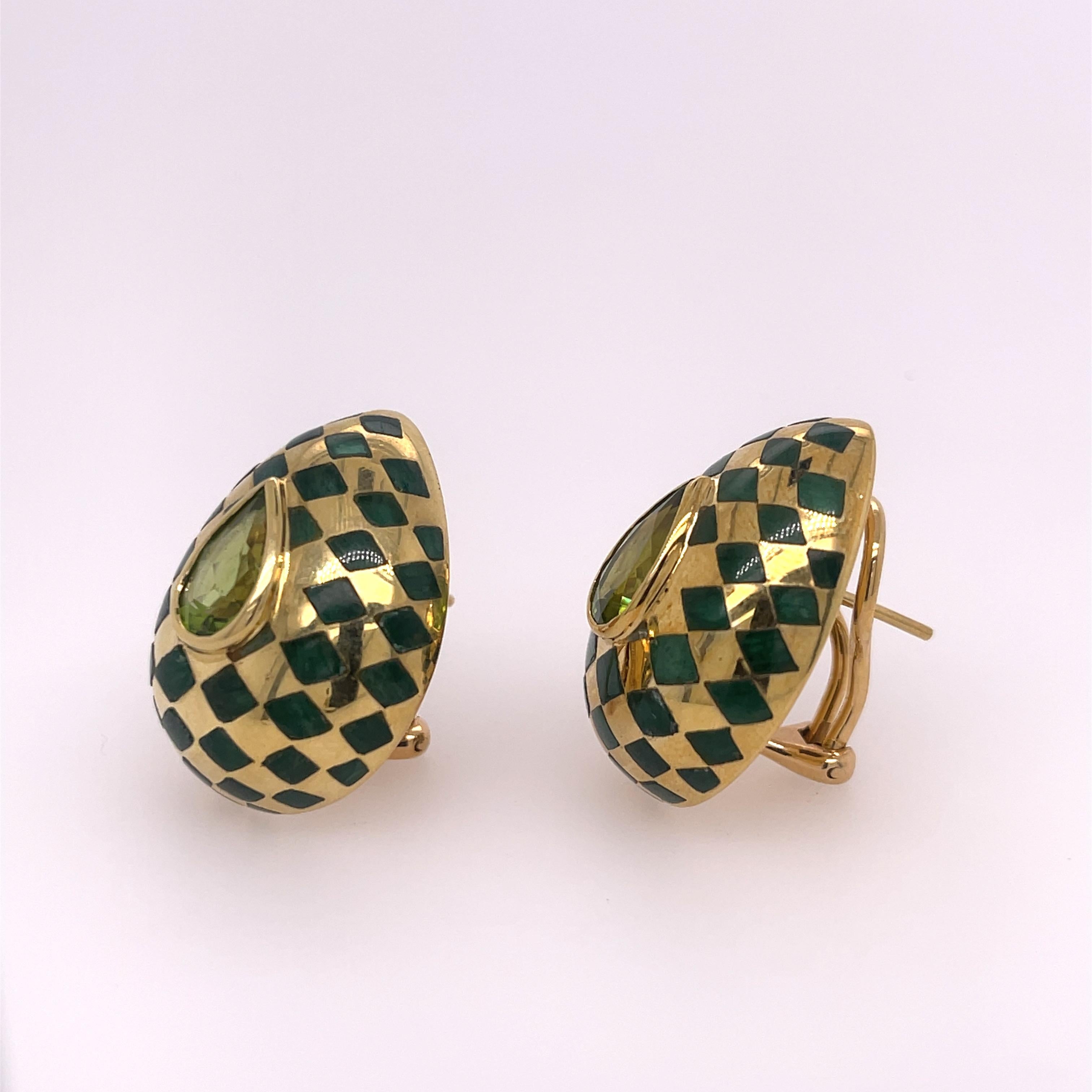 Angela Cummings earrings featuring checkered green jade and pear shaped peridot. Stamped ANGELA CUMMINGS 750.