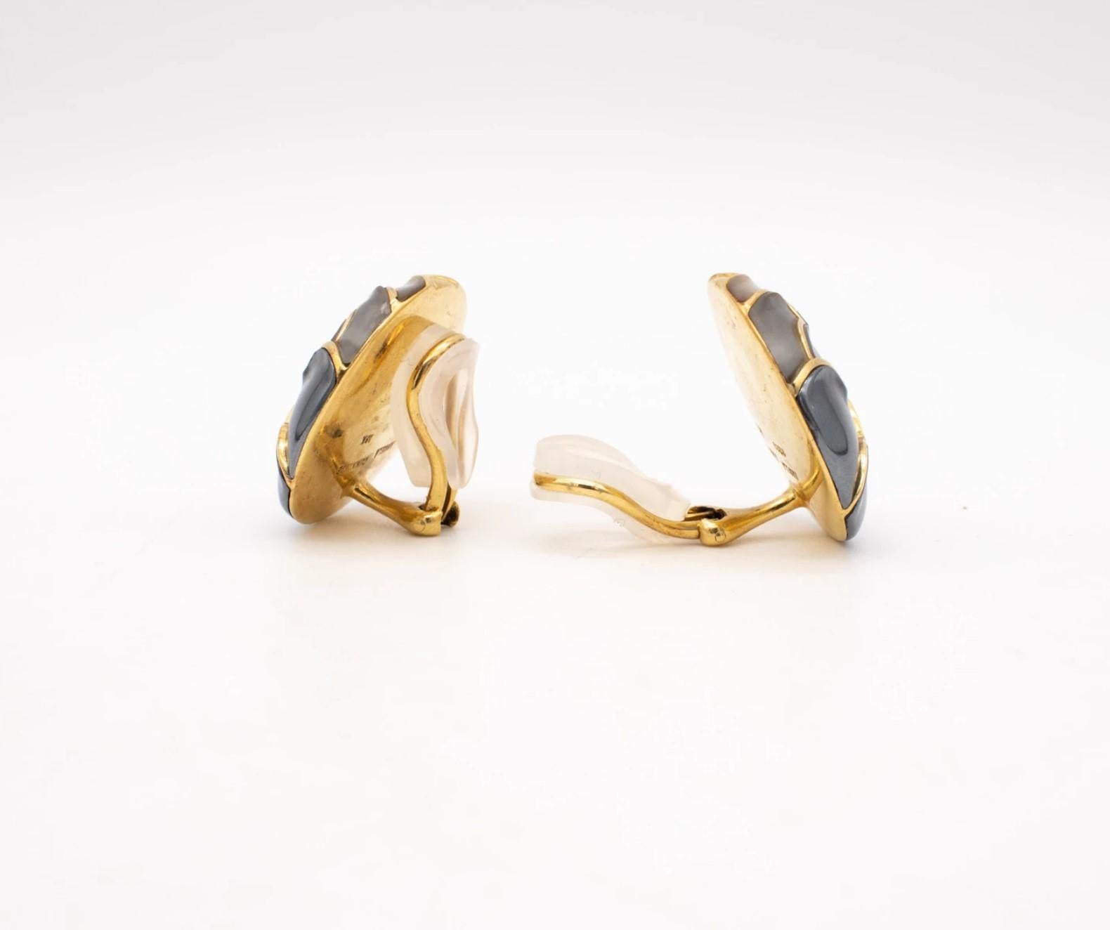Modernist Angela Cummings Japonisme Ear-Clips in 18Kt Yellow Gold with Inlaid Gemstones