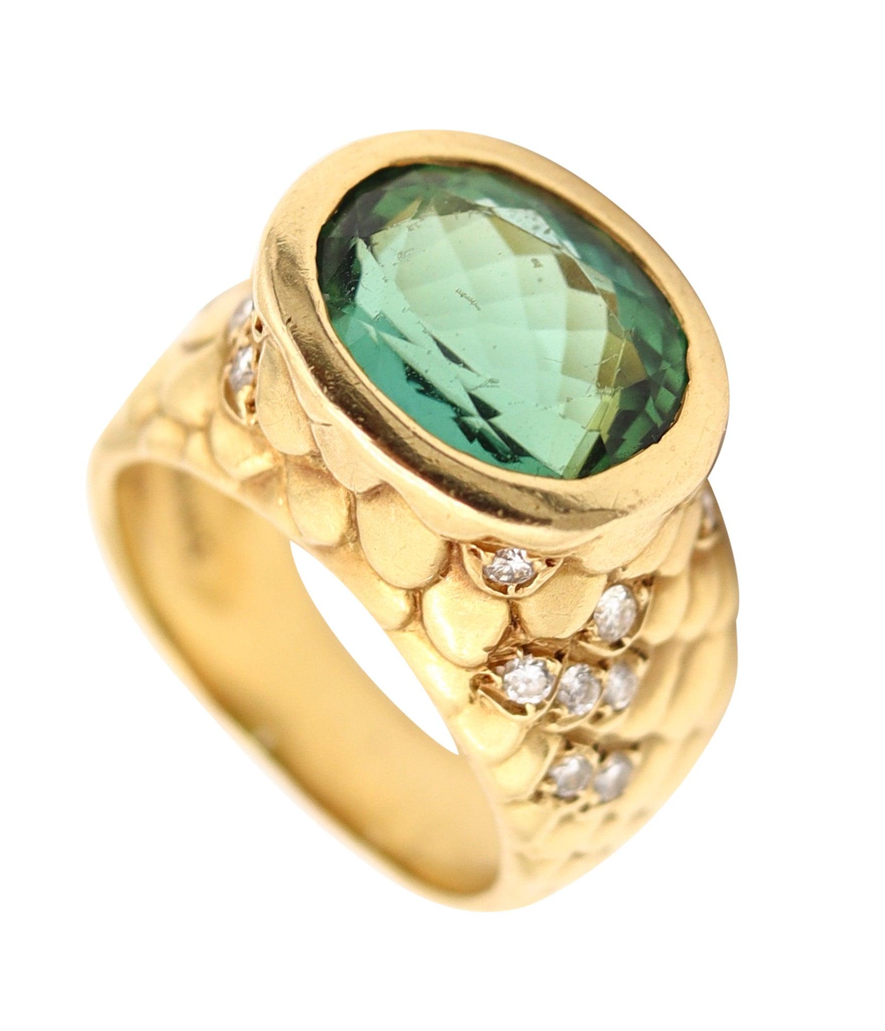 ANGELA CUMMINGS Modernist Cocktail Ring In 18Kt Gold Diamonds 
Tourmaline en venta