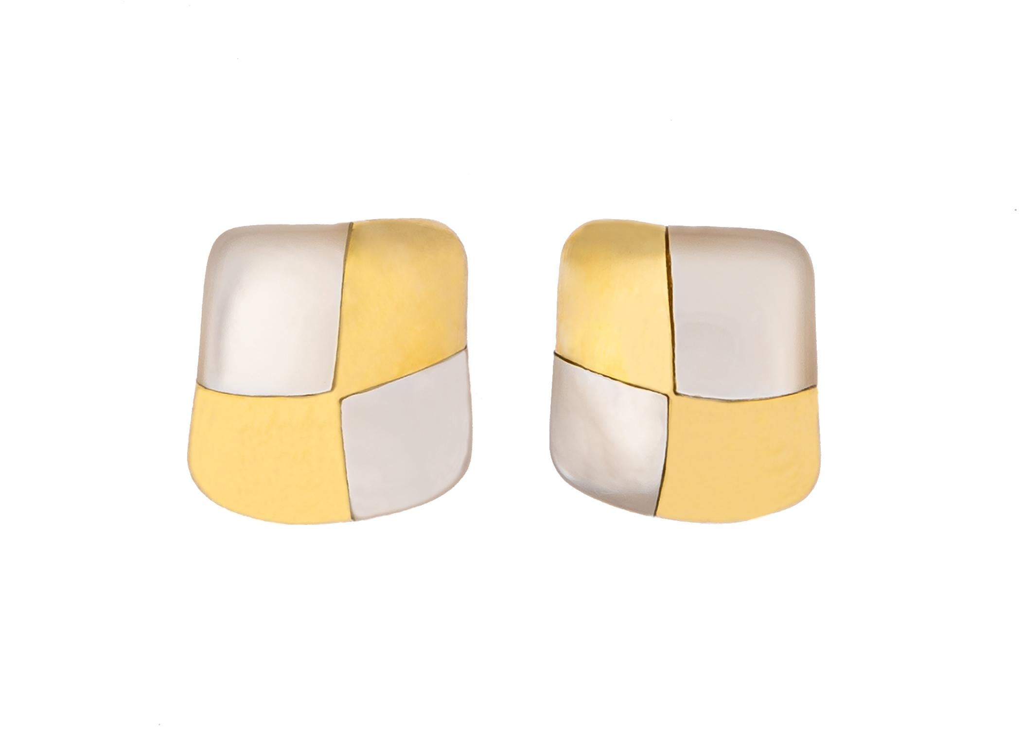 Angela Cummings began her career with Tiffany & Co. in 1967 and began her own company in 1984. Her designs are iconic and collectable. This simple checkerboard design features mother of pearl and 18k gold. A great easy to wear earring. 14.1mm in