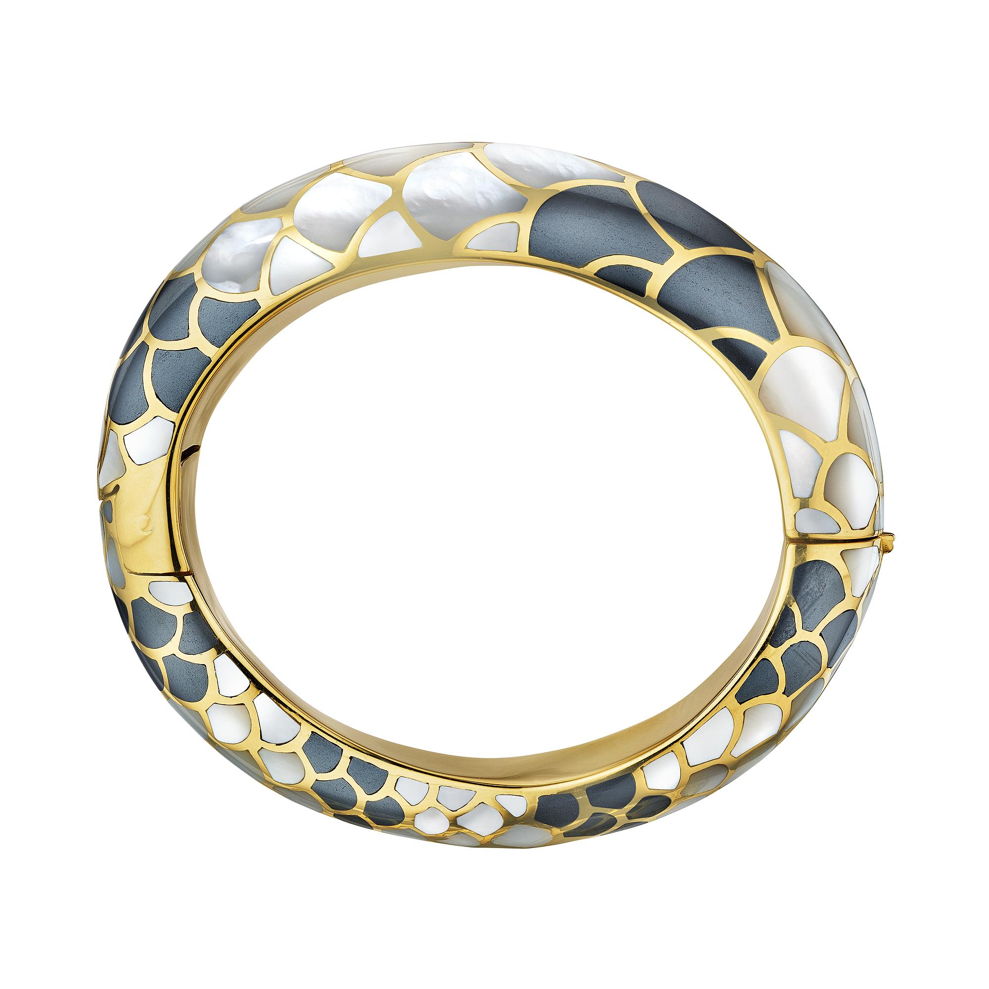 Mixed Cut Angela Cummings Mother-of-Pearl Hematite Gold Modernist Bangle Bracelet For Sale