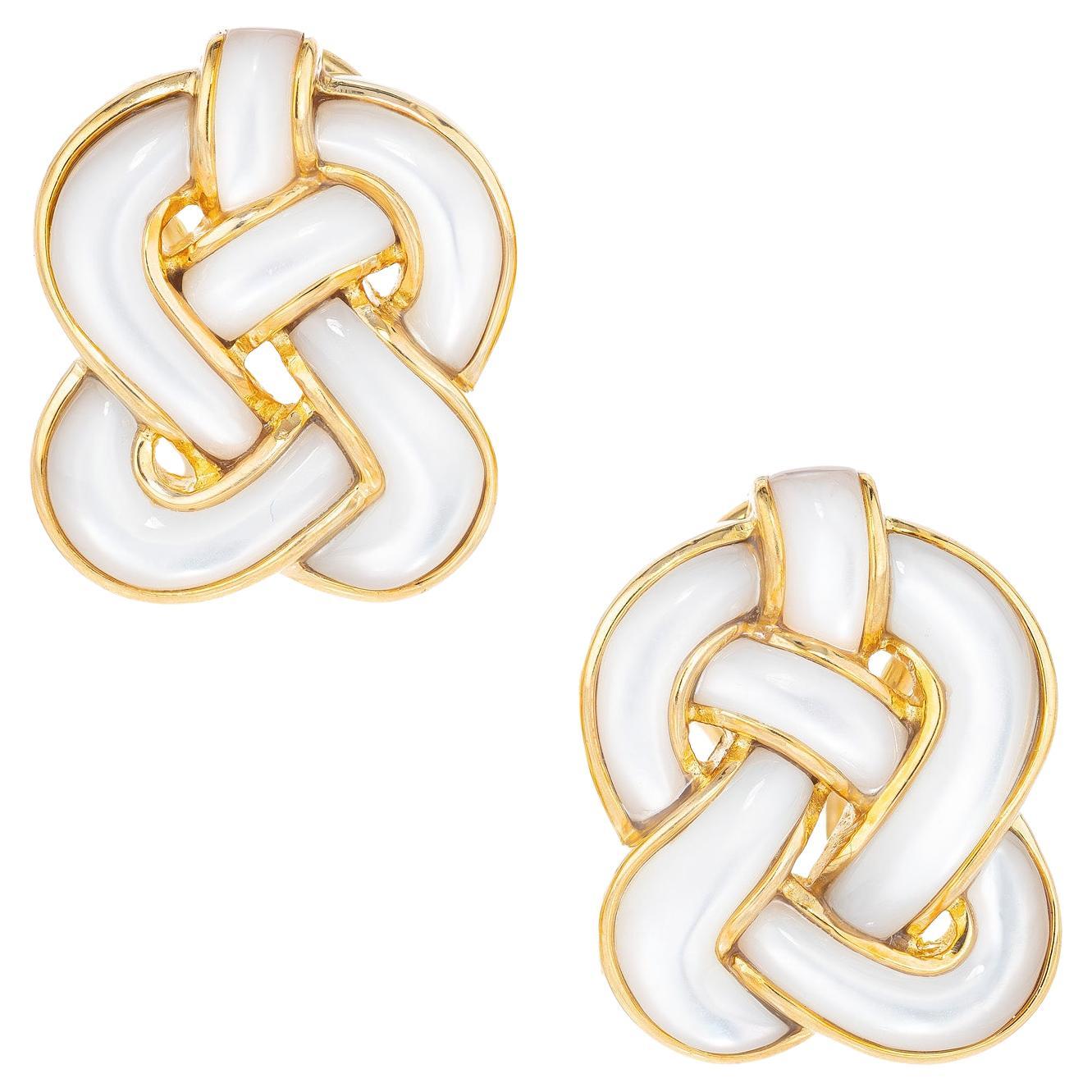 Angela Cummings Mother Of Pearl Yellow Gold Clip Post Celtic Knot Earrings