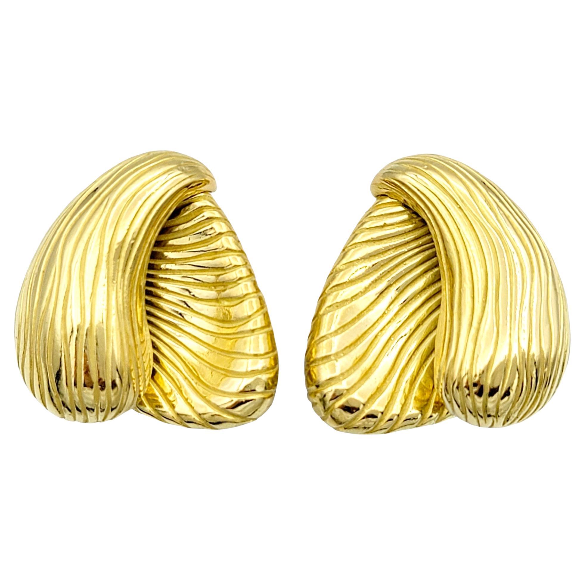 Vintage Angela Cummings Non-Pierced Ridged Gold Earrings in 18 Karat Yellow Gold For Sale