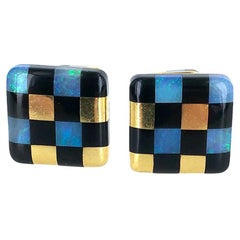 Vintage Angela Cummings Opal Black Jade 18 Karat Yellow Gold Cufflinks
