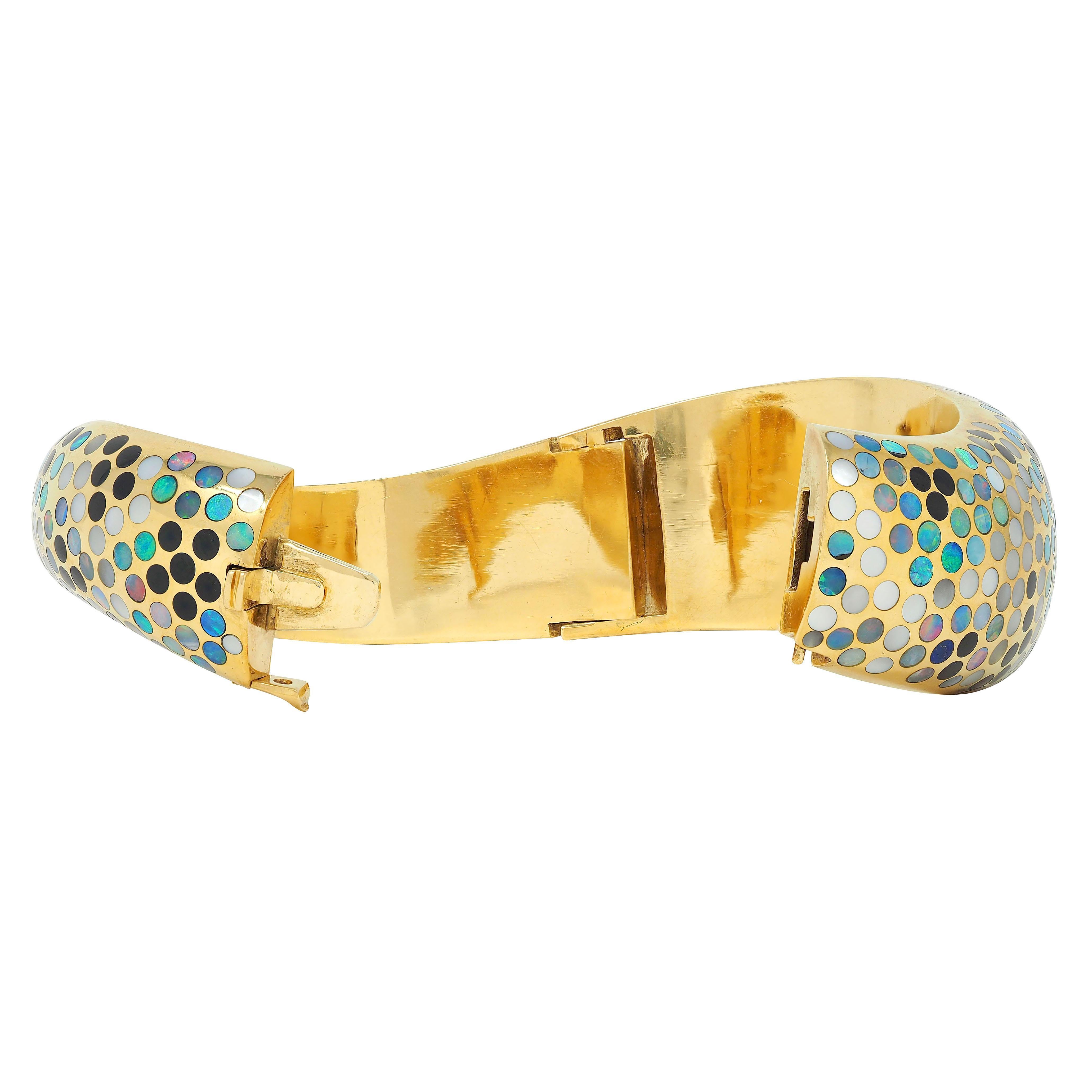 Angela Cummings Opal Onyx Mother-Of-Pearl Inlay 18K Gold Vintage Bangle Bracelet en venta 1