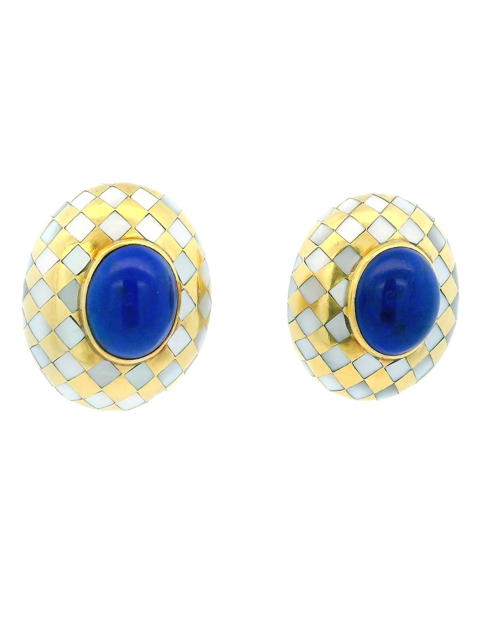 Angela Cummings Clips Oval MOP Grille Lapis Oval Cab Center 18k  Boucles d'oreilles Bon état - En vente à Great Neck Plaza, NY